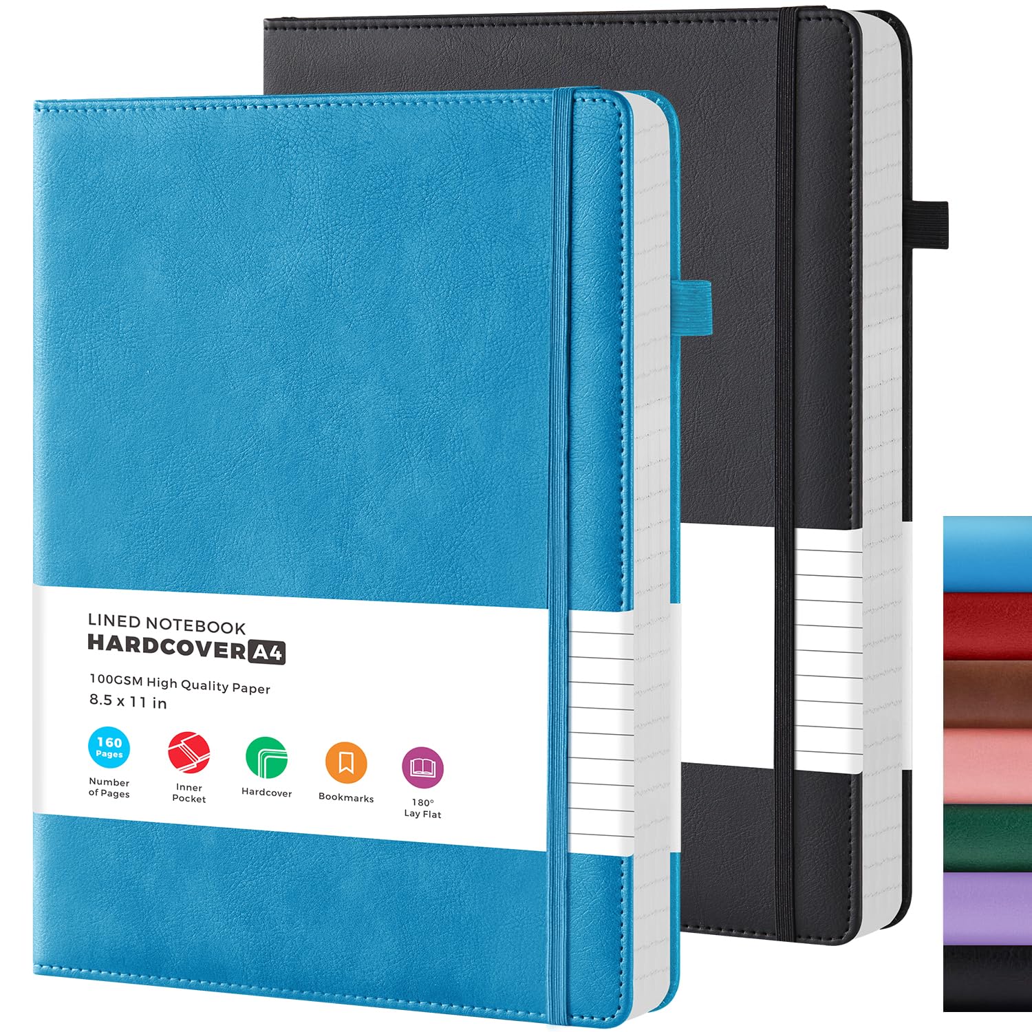 FOCUS DAY Taccuino A4 con copertina rigida, (2 pezzi), formato A4, per donne e uomini, per scrivere, formato A4 (21,5 x 28 cm), con carta a righe da 100 g/m², portapenne, copertina in pelle PU, blu e