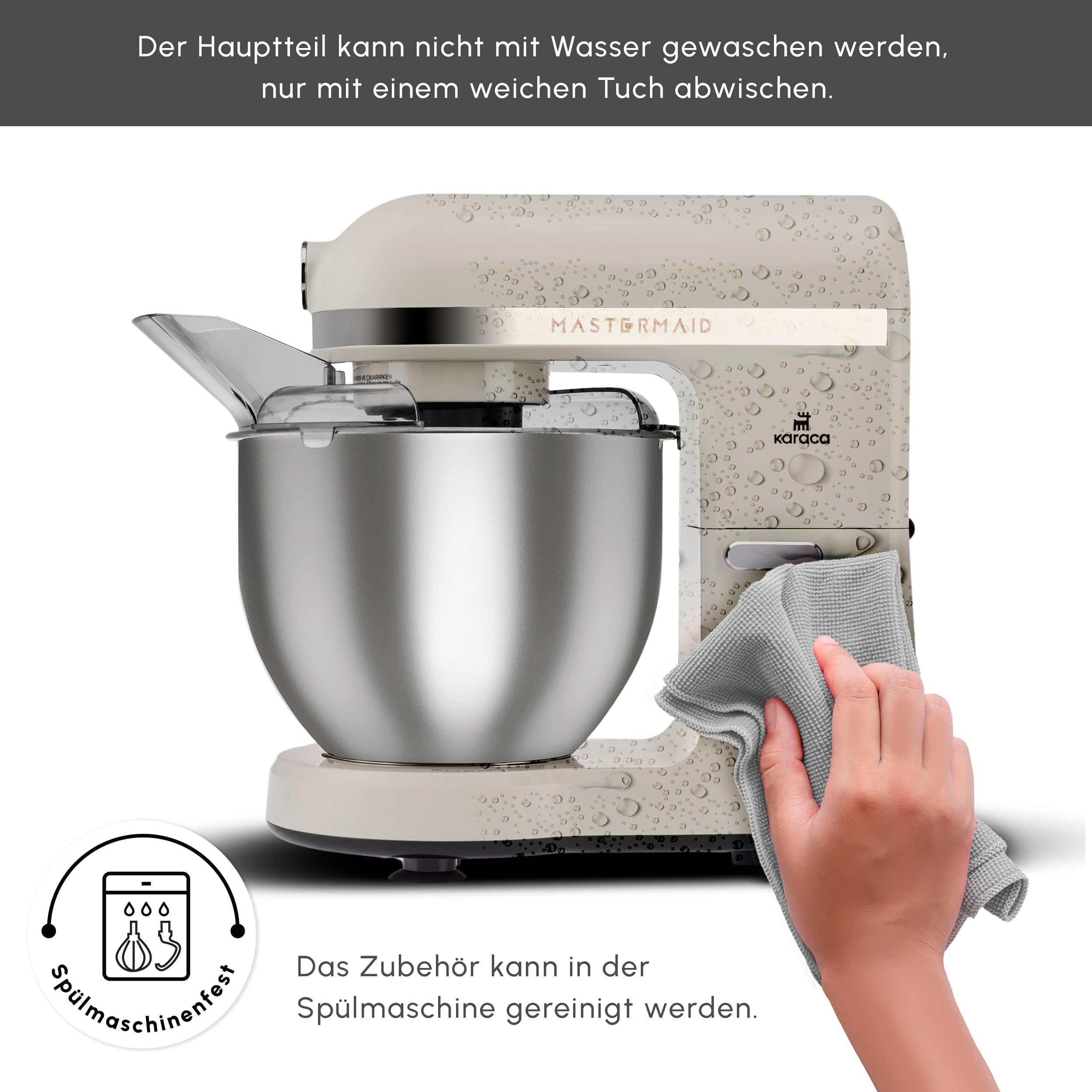 Karaca Mastermaid Chef Pro Cocina doble armado 1500W Iconic Beige brillante, 1500W, mezclador de 5 l, procesador de alimentos, ajuste de velocidad, gancho amasador, batidor, amasado y mezcla