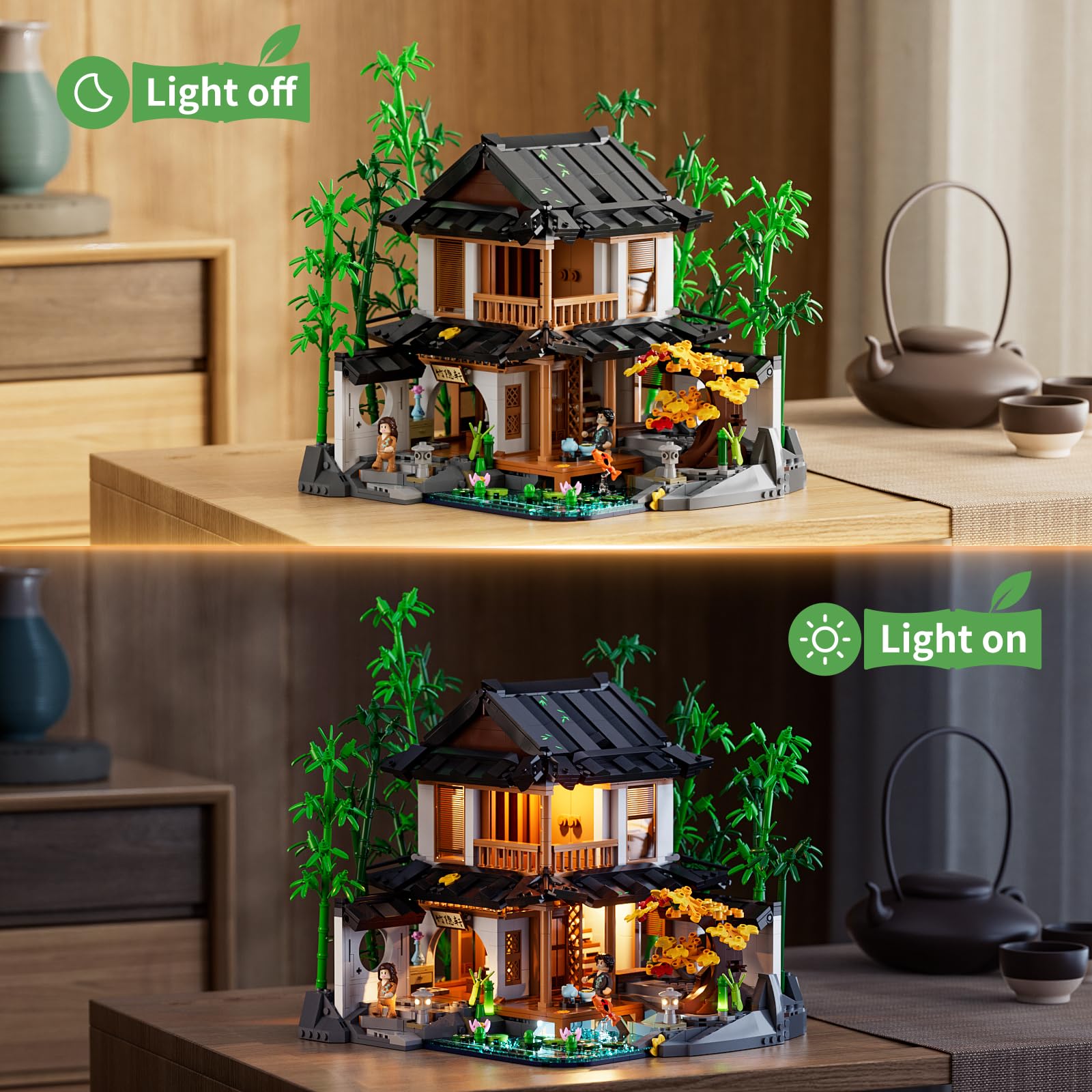 Lumibricks Bamboo-House Lighting Building-Bricks Set - Retro Chinese Bamboo Cabin and Treehouse Collection LED Light Set 2432 Pcs for Adults and Retro House Building Collectors