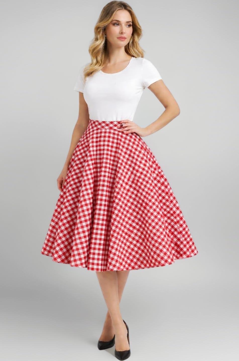 Women's Vintage A-Line Midi Skirt, Checkered Gingham Pattern, Available in Black/White, Red/White and Brown/White