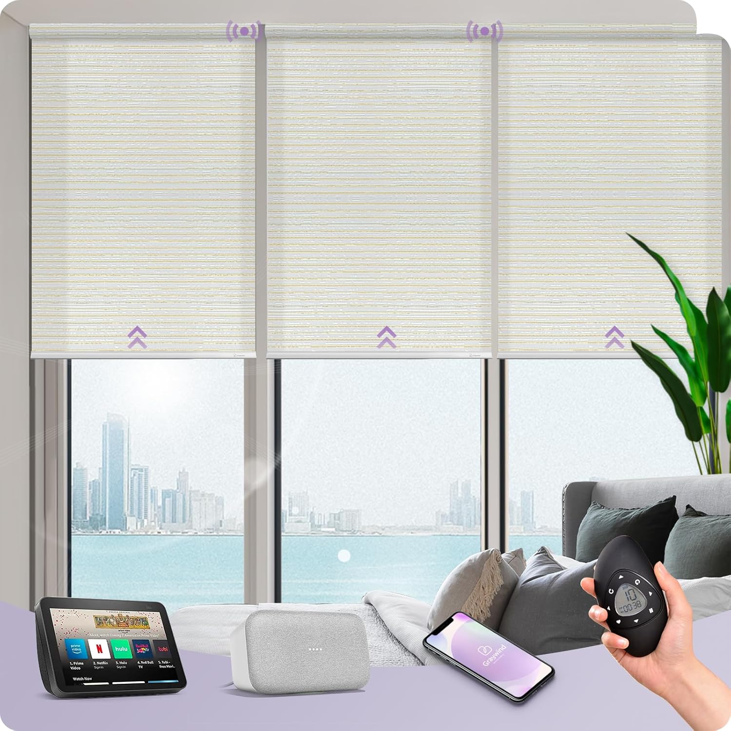 Graywind Motorized Light Filtering Shades Compatible with Alexa Google Rechargeable Remote Control Smart Blinds Automatic Window Shade with Valance for Home Office, Custom Size (Metallic Shell White)