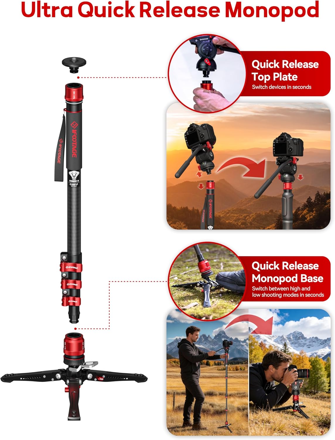 IFOOTAGE Cobra 3 Monopod C180F-P, 71" Monopod for Cameras Carbon Fiber Travel Monopod with Feet, 1/4'' & 3/8'' Quick Release Compatible with Sony Canon Nikon DSLR Camera, Payload 17.64Lbs/8KG