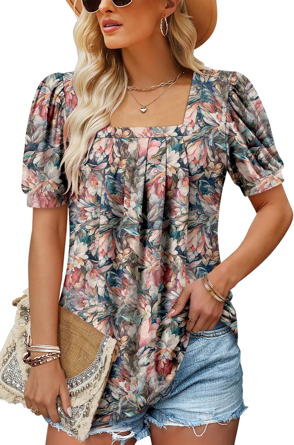 BETTE BOUTIK Womens Summer Tops Short Sleeve Pleated Square Neck Tunics Shirts Blouses S-3XL - Image 2