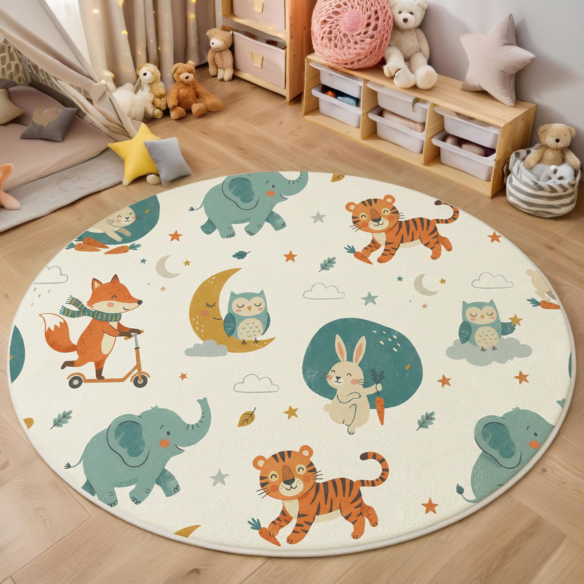 Tapis Chambre Enfant Rond Lapin, Éléphant, Lune - 120cm Antidérapant, Doux à Poils Courts Animaux Nocturnes De La Forêt Moquette Décoration pour la Chambre, Salle de Jeux, Blanc Cassé