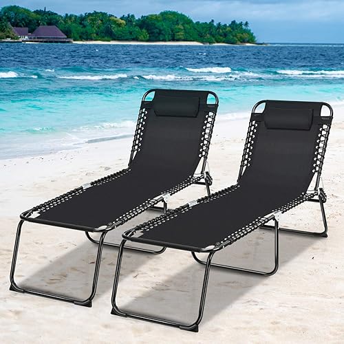Miniatura 38 de Goplus Tumbona, silla de playa plegable de 5 posiciones con almohada desmontable, silla de descanso para tomar el sol, silla de bronceado ajustable