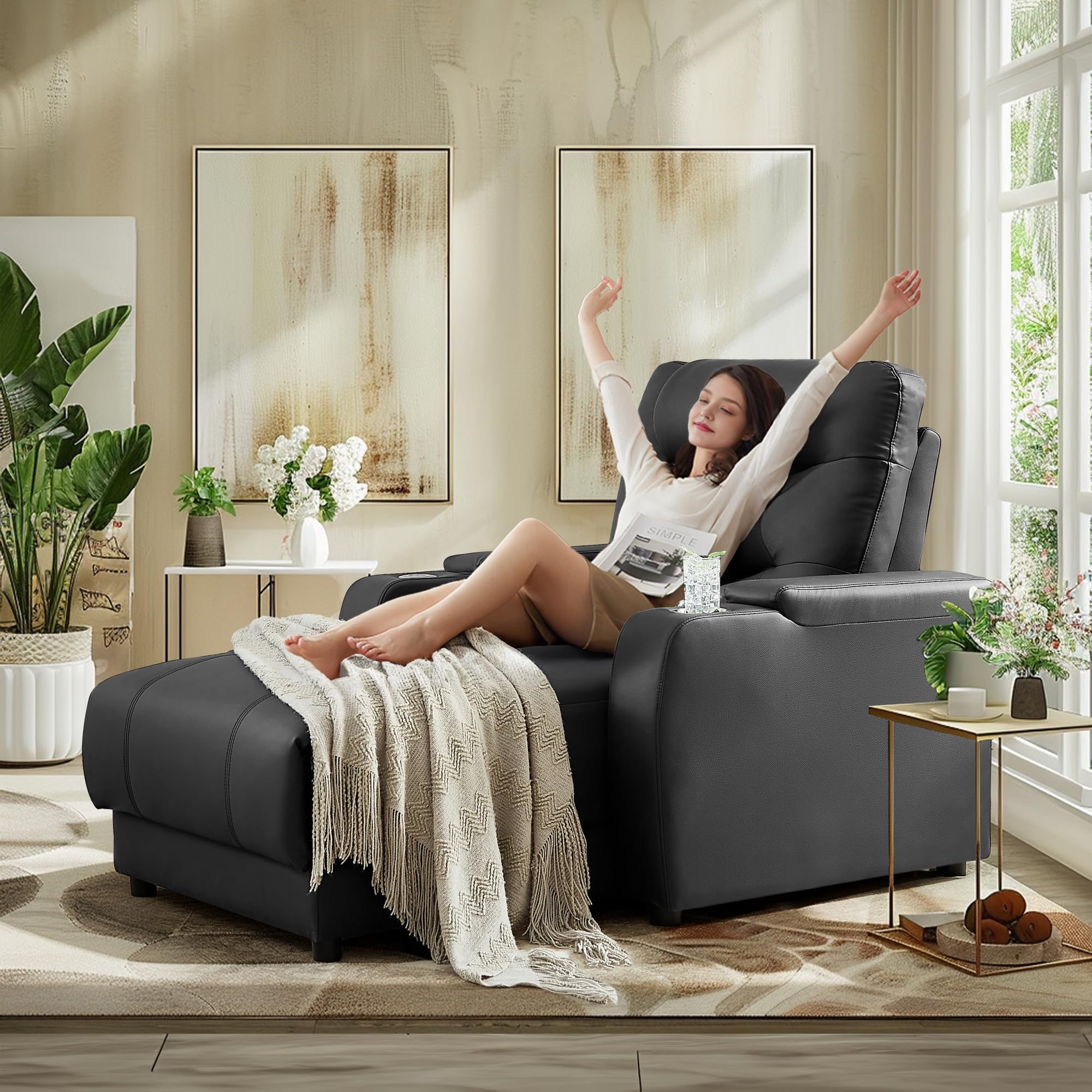 HOLYFIND Home Theater Seating Oversized Recliner Chair Faux Leather Recliner Sofa Comfy Home Theater Chairs Power Loveseat Recliners with Cup Holder (