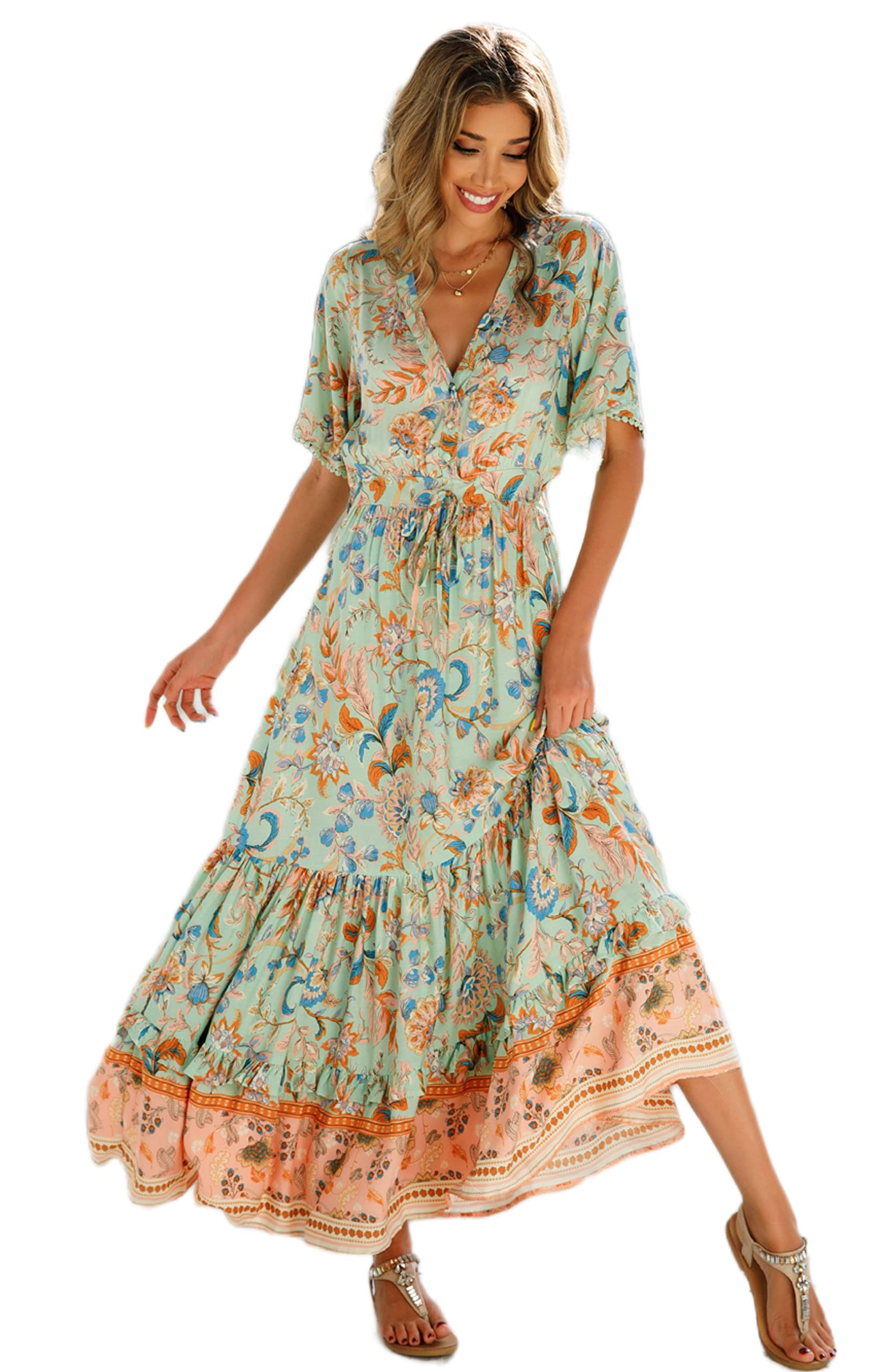 R.Vivimos Abito Boho Estivo Donna Abito Sexy Scollo a V Bottoni Manica Corta Vestito Elegante con Volant Orlo Abito Lungo Maxi da Spiaggia Casual per Le Vacanze(L,Aqua-Floreale)