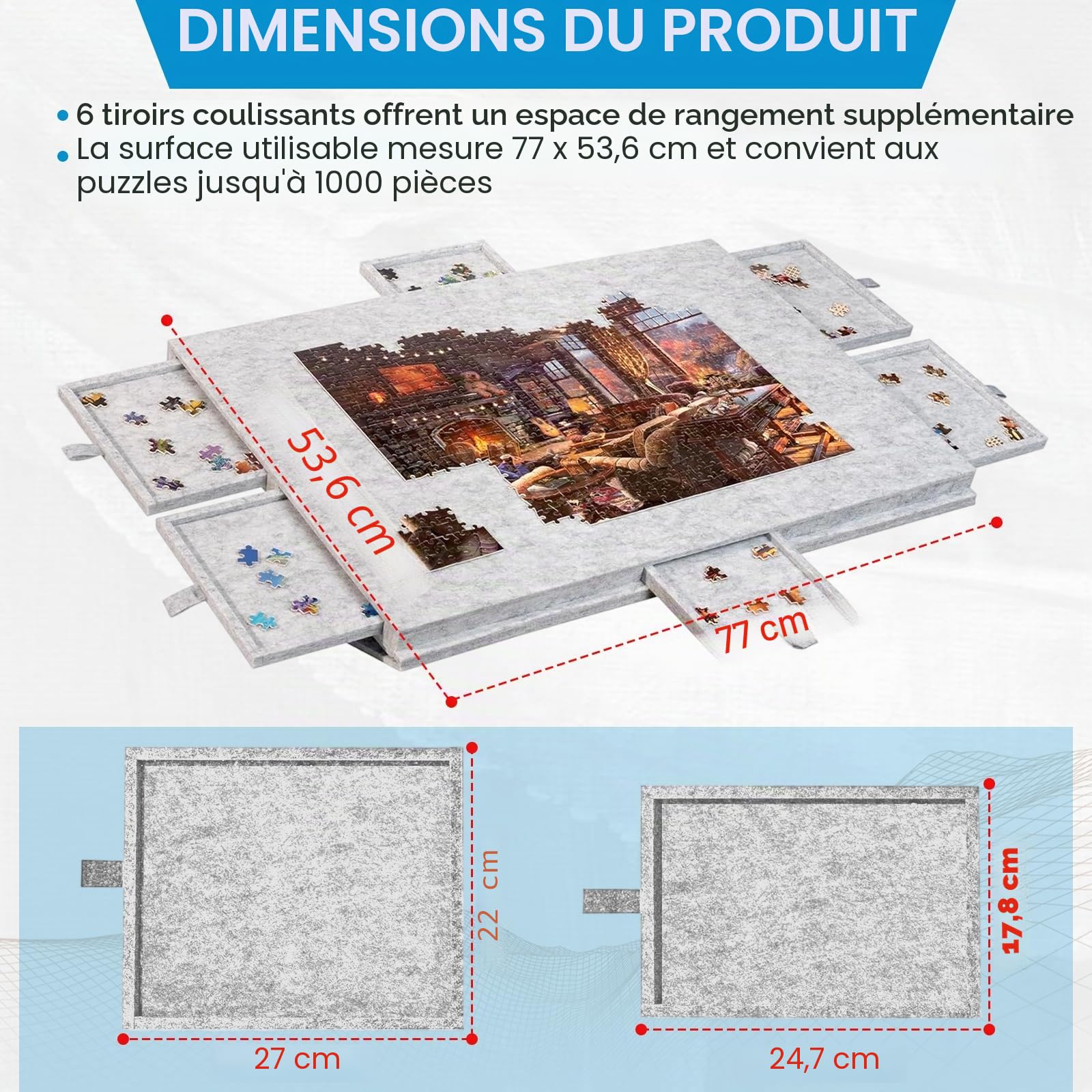 Table de puzzle 1000 pièces – Plateau à puzzle inclinable avec support et couvercle 2 en 1, super léger plateau de puzzle en feutre avec 6 tiroirs, plateau de puzzle portable, surface