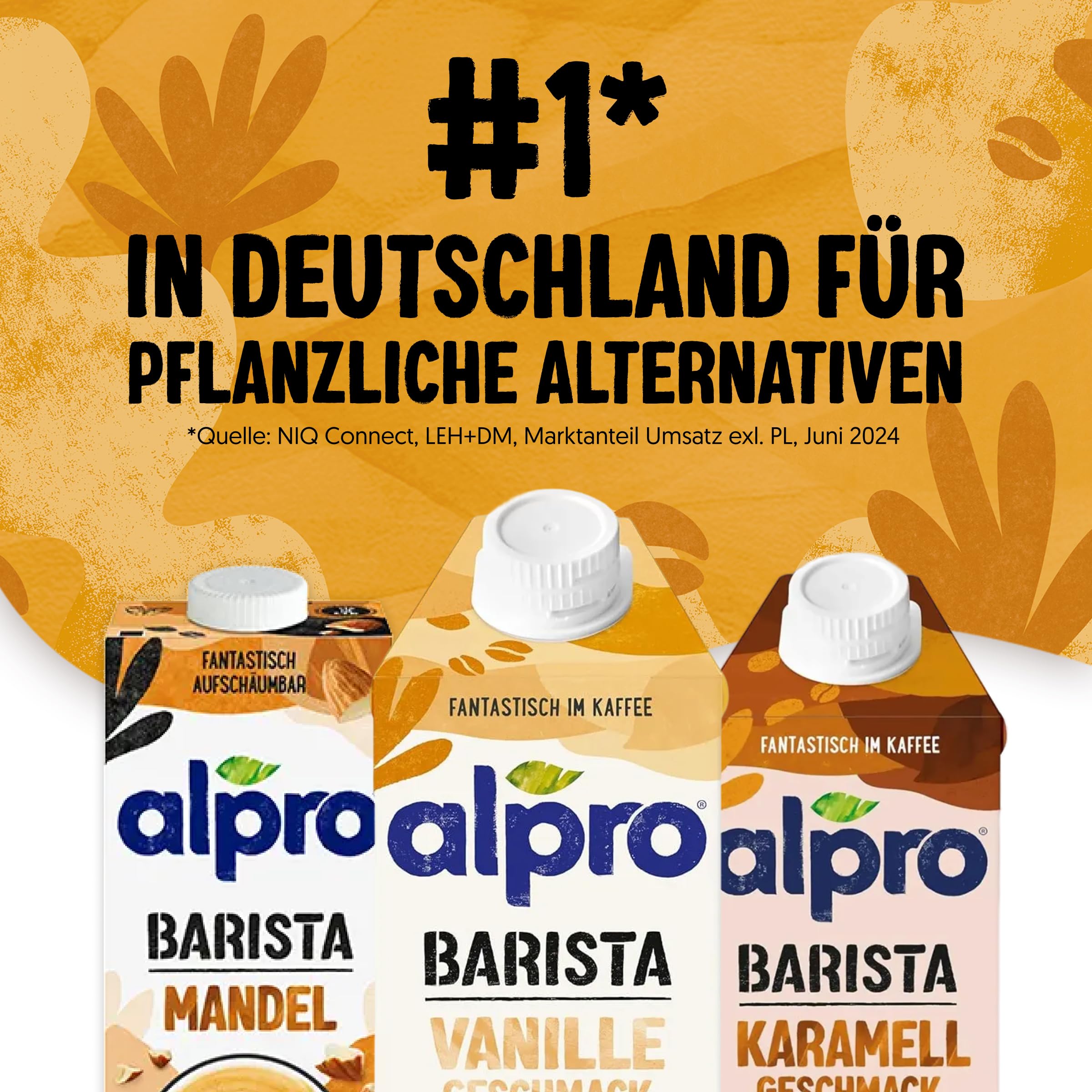 Alpro Barista Vanille – Zum Aufschäumen – Von Natur aus laktosefrei – Reich an Ballaststoffen, Calcium und Vitaminen – 8 x 750 ml – Haltbar