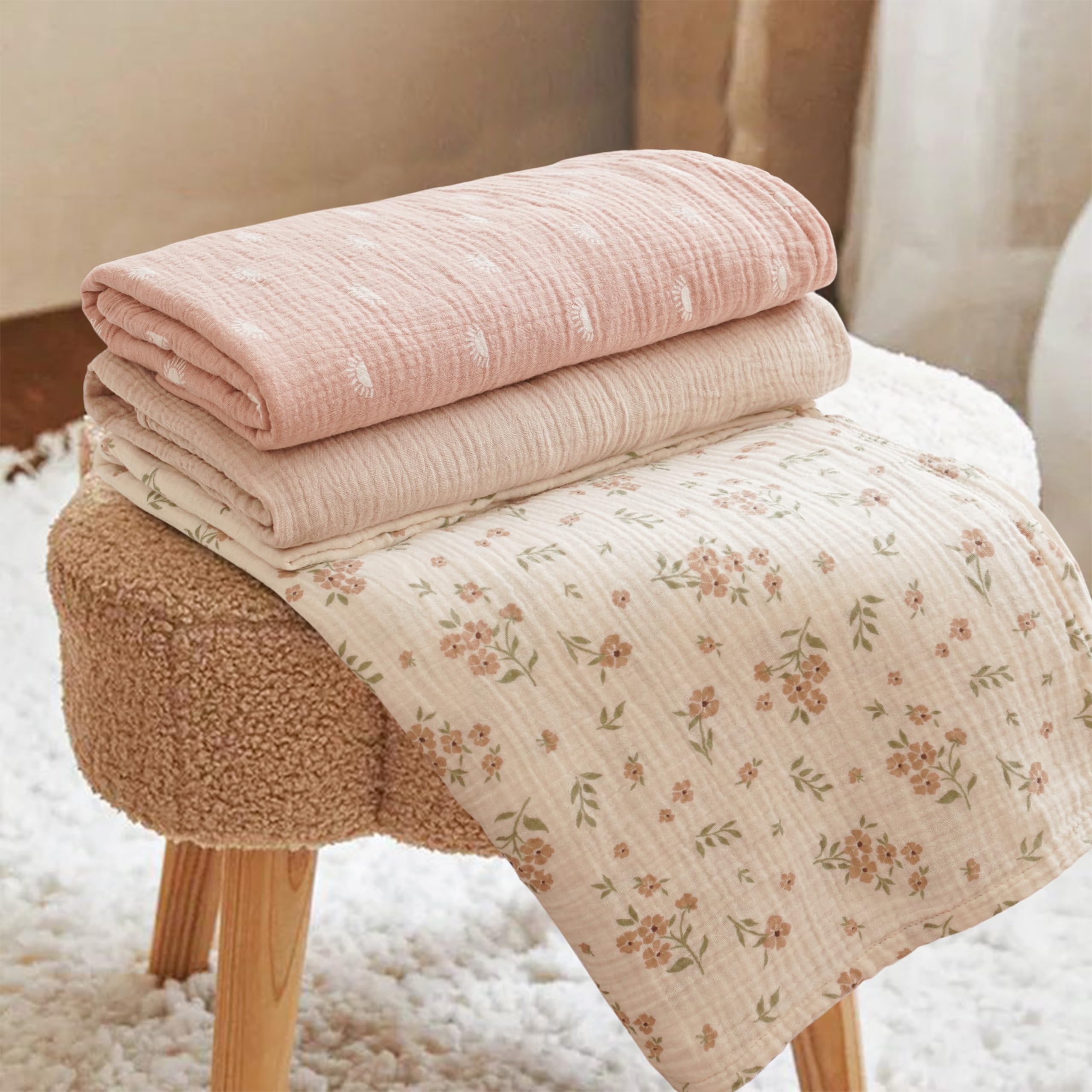 Konssy Set di 3 coperte per fasciatura in mussola morbida e traspirante per neonati e bambini, grande coperta da ricevimento, 119,4 x 119,4 cm, unisex (sole fiore di pesca)