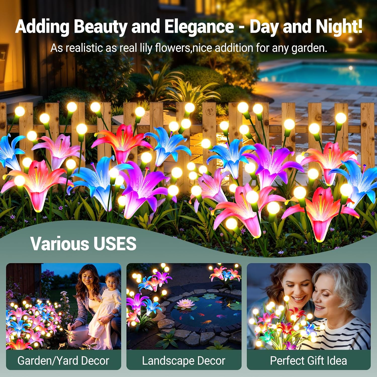 WdtPro Upgraded Solar Garden Lights Outdoor: 4 Pack Solar Firefly Swaying Light with Colorful LED Lily Flower, Waterproof Garden Decor for Yard Patio Pathway Lawn, Gifts for Women (2 Rosy+2 Pink)