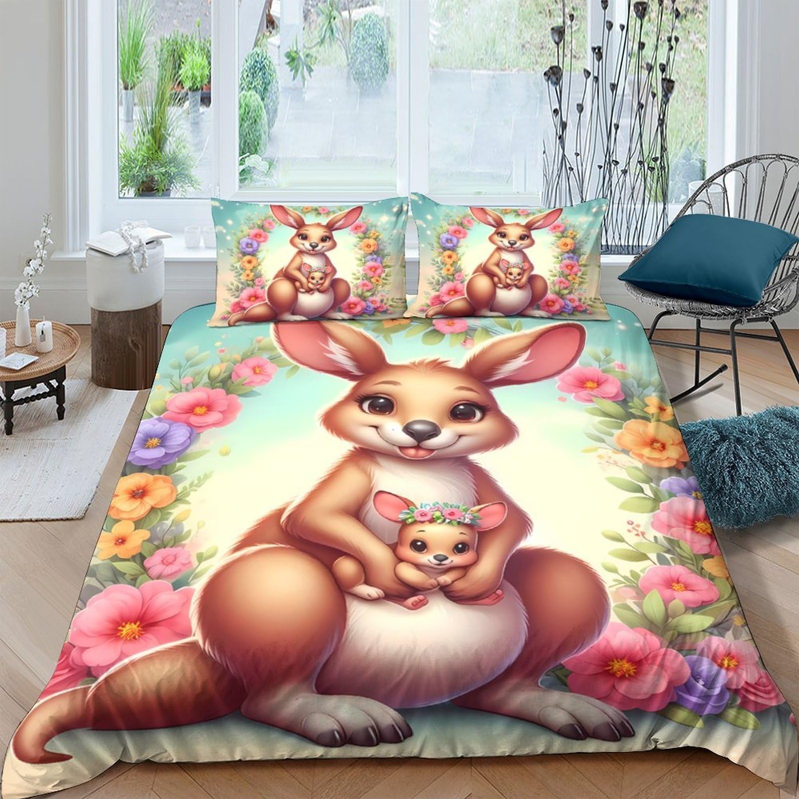 GPLZQXKJNH 3D Printed Kangaroo Animal Duvet Cover Microfiber Soft Breathable Floral Bedding Set with 2 Pillowcases for Bedroom Decor Single（135x200cm）