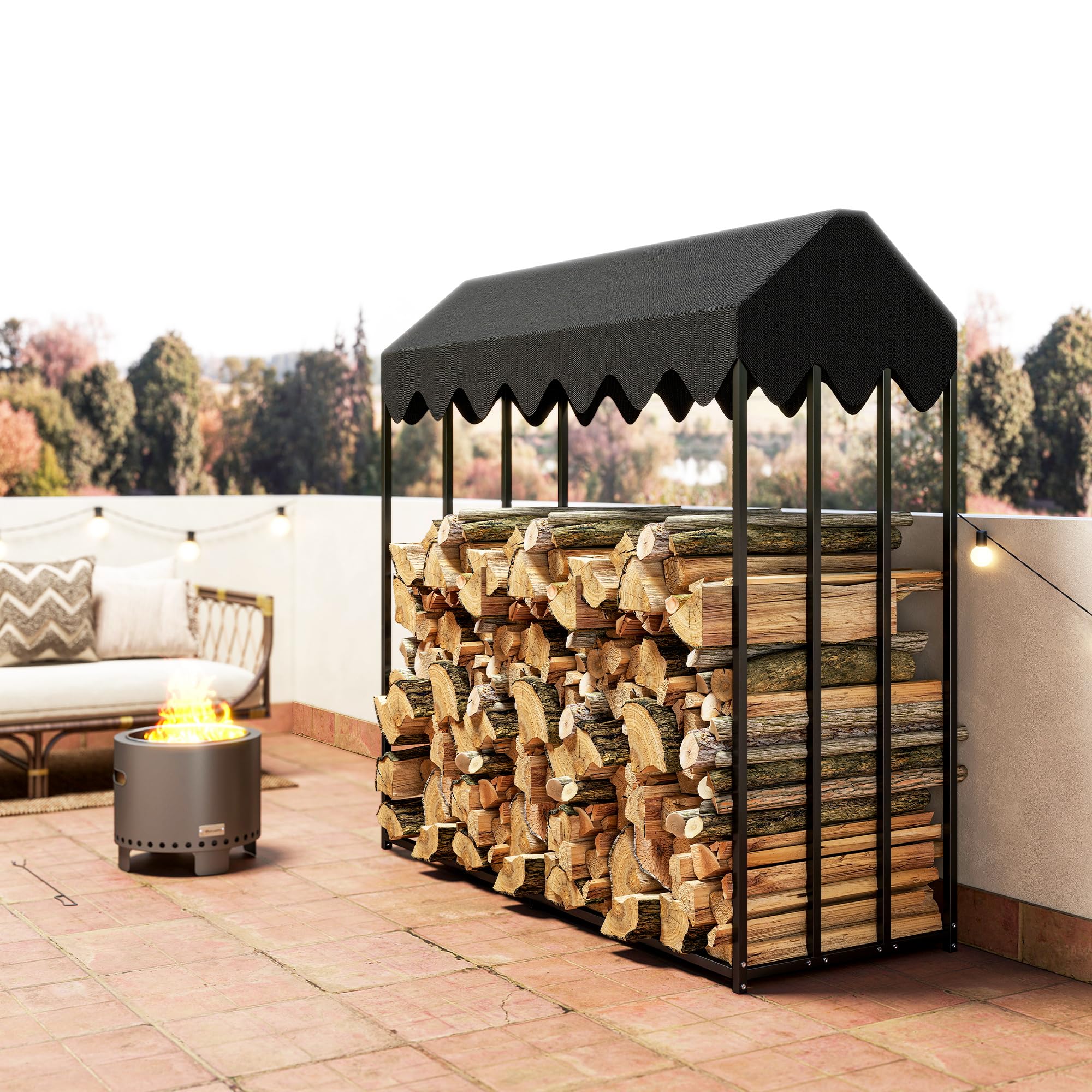 Outsunny Range bûches extérieur en acier 186 x 70 x 185 cm grande capacité 1,9 m³, étagère à bûches avec abri bois de chauffage et housse de protection 600D Oxford noir