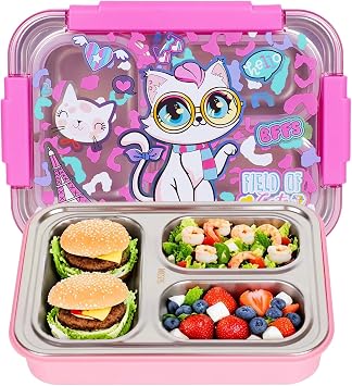 Stainless Steel Bento Lunch Box for Kids, 710ml/23.5oz BPA-Free Leak-Proof Food Containers with 3 Compartments, Back to School Students Daycare Lunches Snack Container Size for Ages 3-7