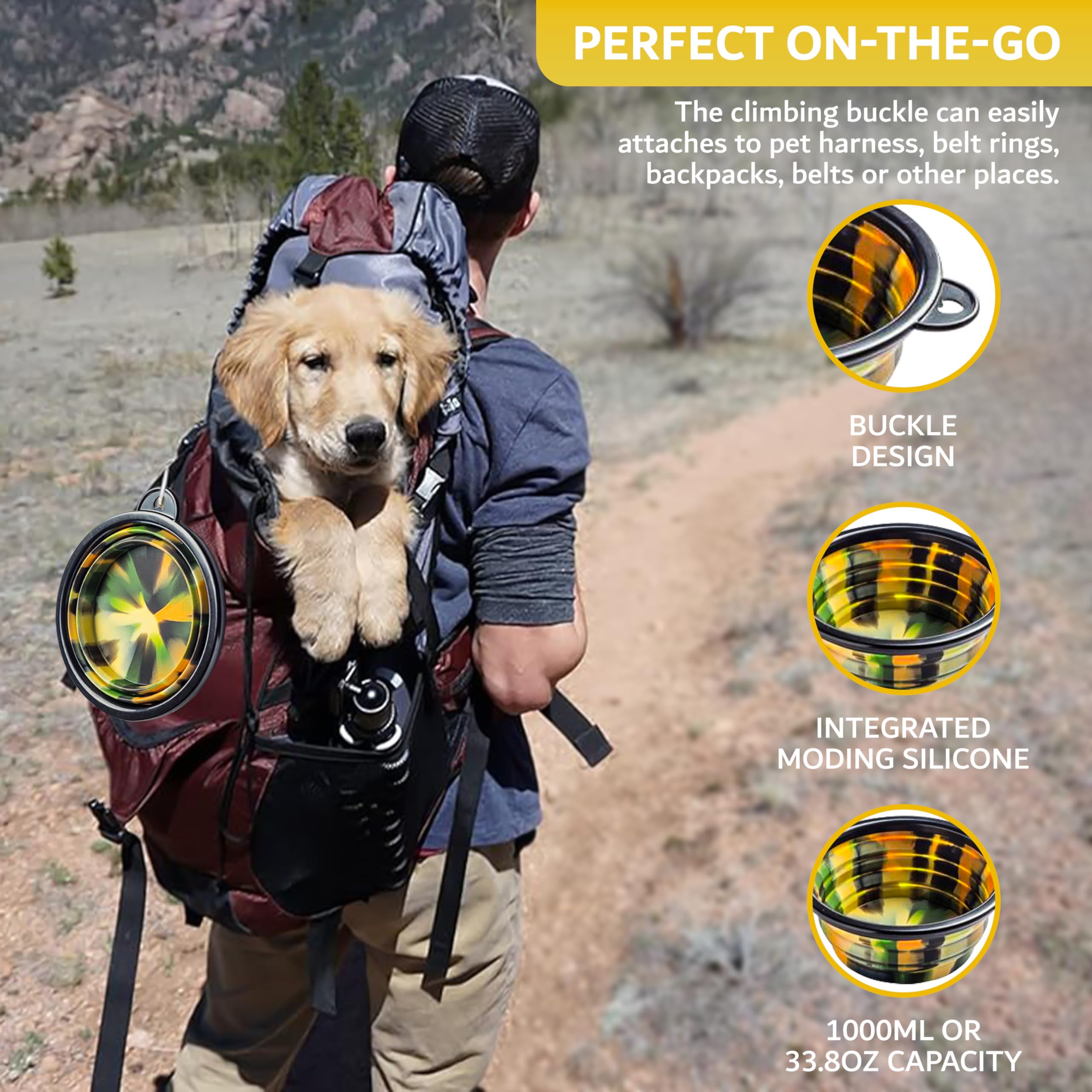 Camo Collapsible Dog Bowl Two Pack - Large Size 33.8 oz (1000ml) Silicone Pet Bowl - Portable, Foldable Travel Food & Water Bowl for Dogs with Carabiner - Great for Hunting & Outdoor Adventures