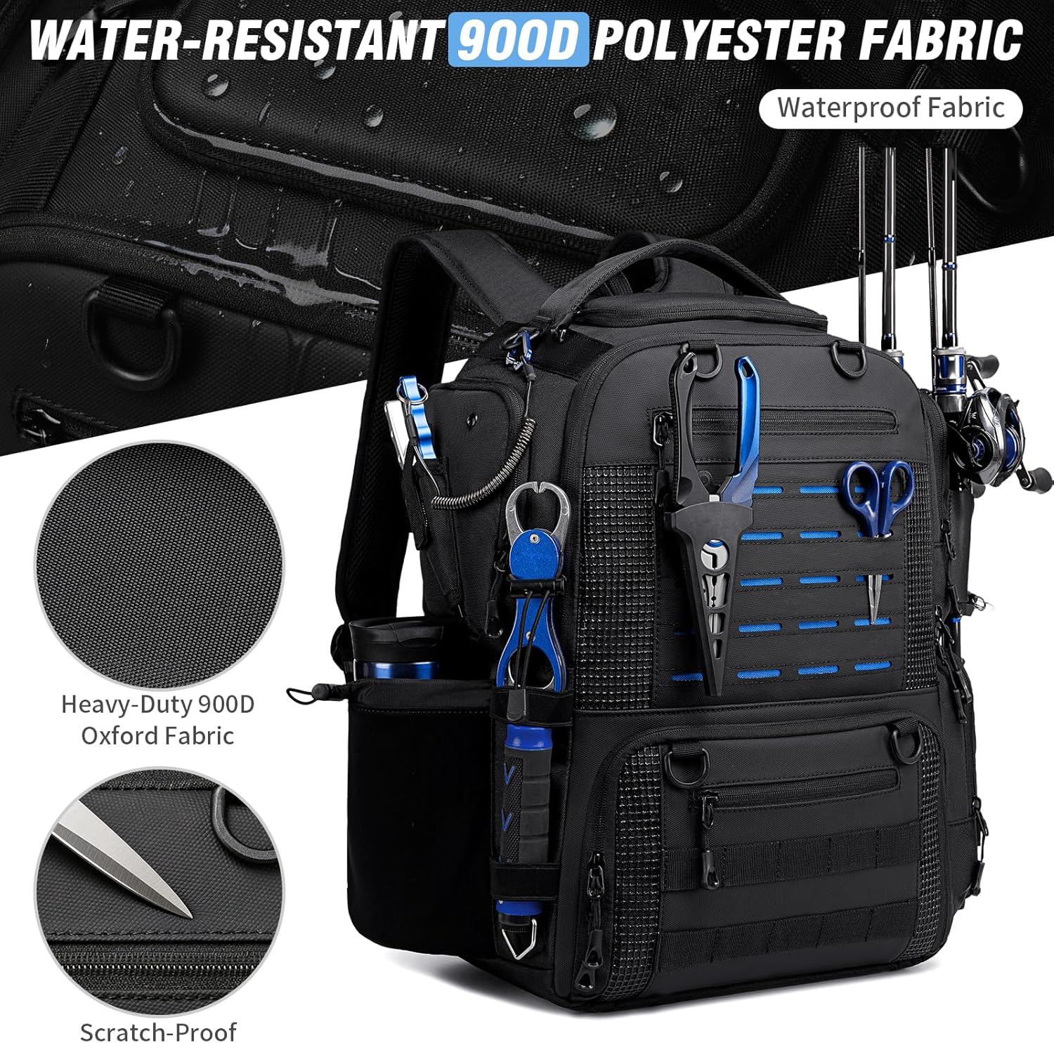 Fishing Tackle Backpack with 2 Rod Holders, Multi-Pocket Tactical Bag with Bottle Holder, 50L Large Storage Bag for Fishing Gear and Equipment, Black