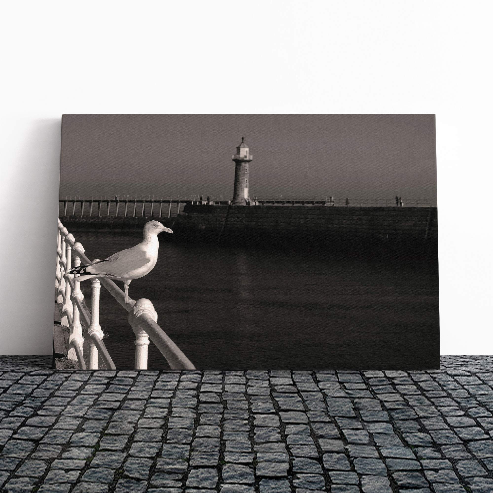 Seagull on Pier Canvas Print | Gallery Wrapped 30mm Frame Wall Art | 24x16 inches | Ready to Hang | Modern Beach Picture | Living Room Bedroom Lounge Office