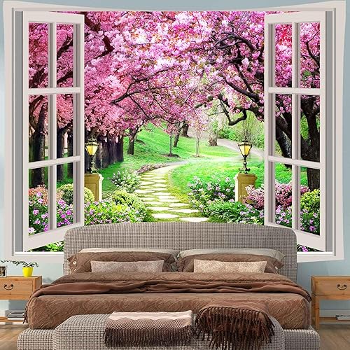 Miniatura 1 de Tapiz japonés con flores de cerezo para ventana, árbol, bosque, flores rosas, tapiz para ventana, paisaje botánico, floral, natural, tapiz estético