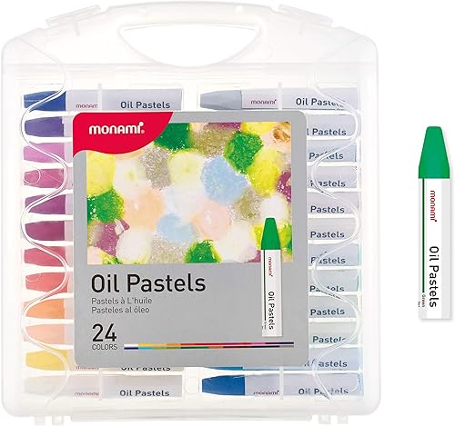 Pasteles de aceite MONAMI tamaño grande forma hexagonal para niños y estudiantes con práctico estuche de transporte paquete de 24 colores vivos