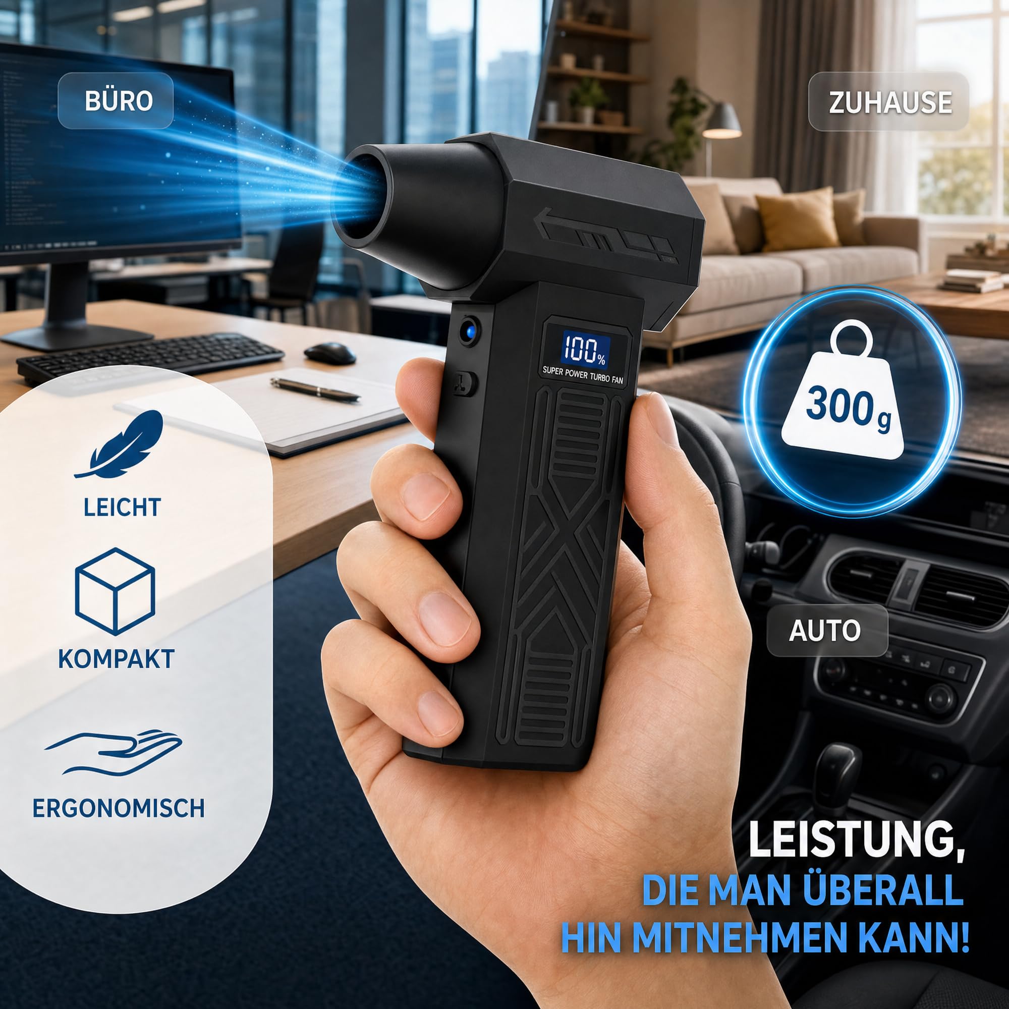 Soffiatore Aria Elettrico 120000 RPM, Aria Compressa Elettrica | Ricaricabile 5200 mAh, Motore Brushless, 4 Velocità, Display LED, Kit Pulizia PC per Tastiera, Computer ed Elettronica