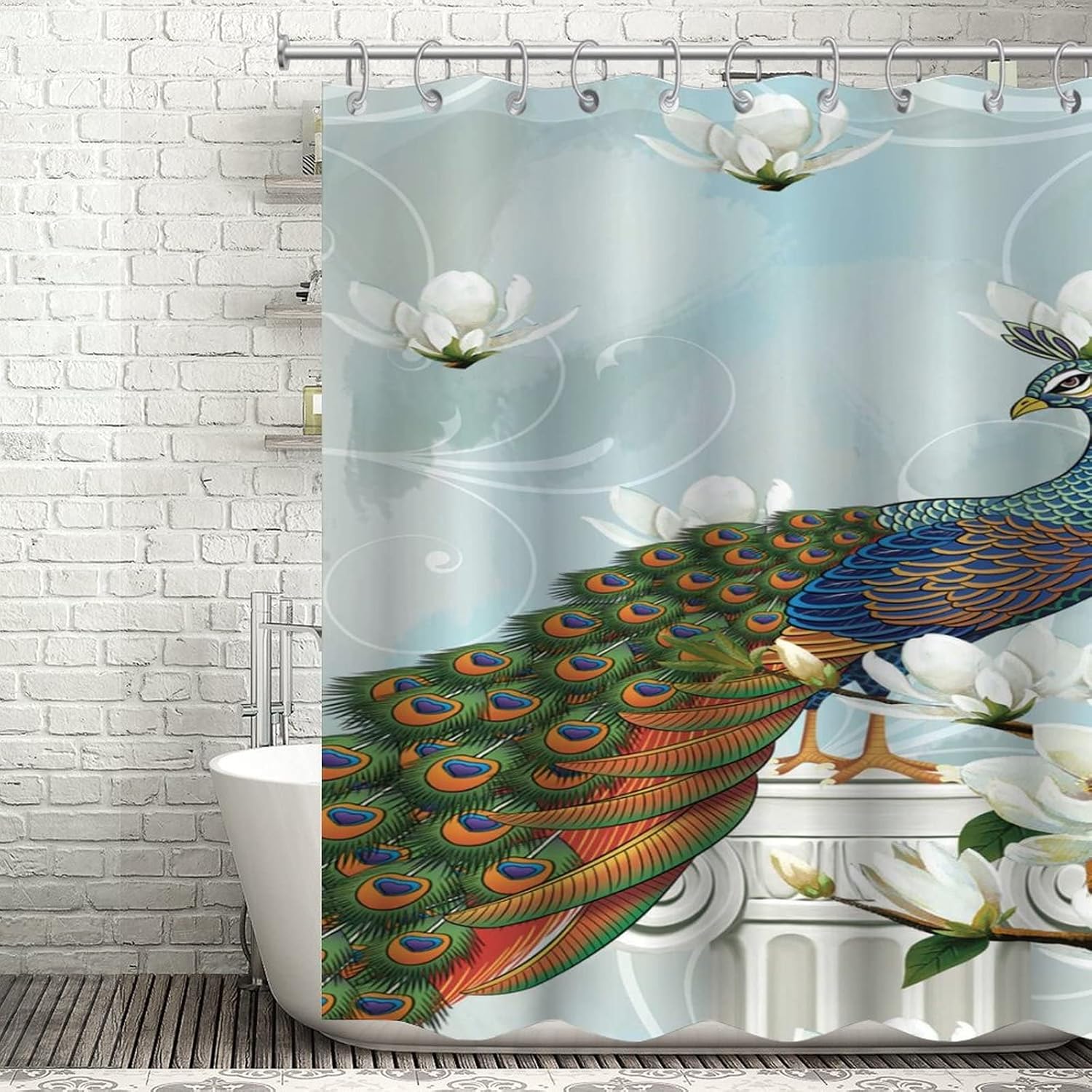 Peacock Shower Curtain for Bathroom Decor 72x72 Inch Traditional Chinese Peacocks Bathtub Accessories for Women Girl Waterproof Fabric with Hooks