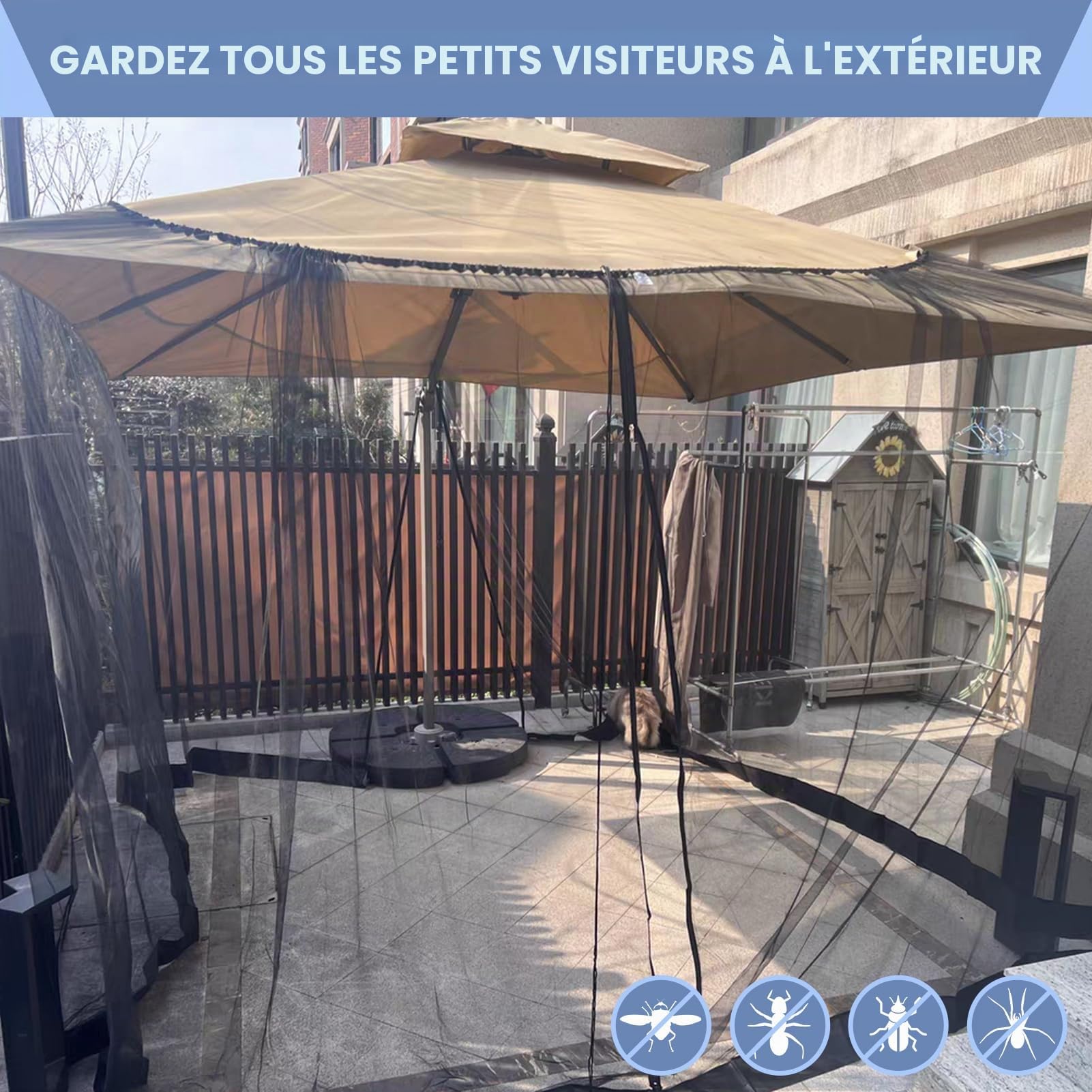 Moustiquaire carrée pour terrasse, 25 x 45 cm, moustiquaire coupe-vent avec fermeture éclair, corde réglable et fond rempli d'eau pour parapluies carrés, toit en fer