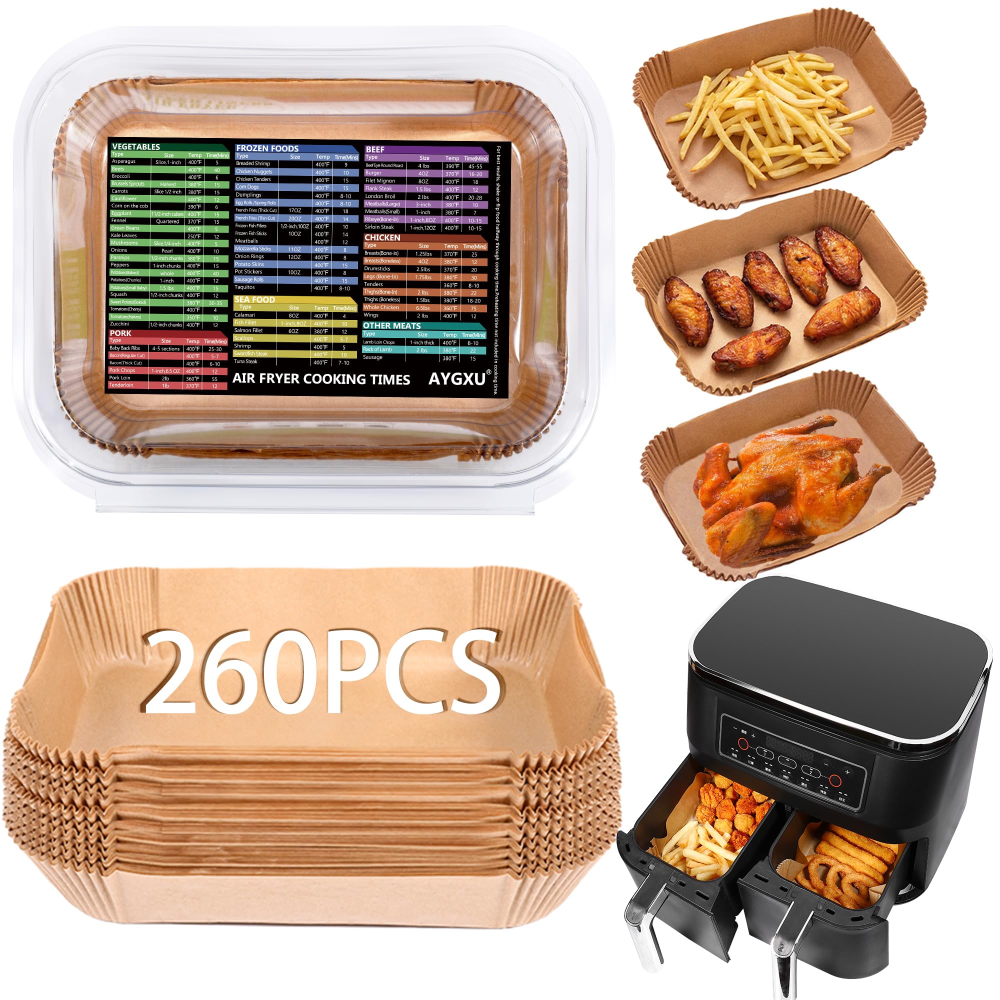Ninja Dual Air Fryer Liners - 260 Disposable Parchment Paper Liners, 8.6''*5.5'', Rectangle, with Cook Times