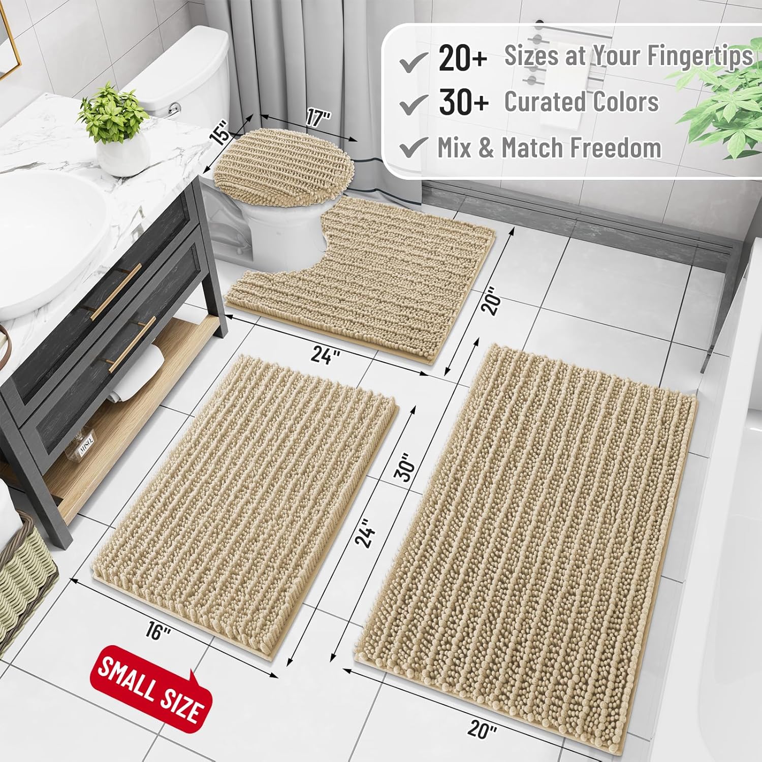 Arotive Chenille Bathroom Rugs Set 3 Piece, Extra Soft Absorbent Shaggy Bath Mat and U-Shaped Contour Toilet Rug, Non-Slip Machine Wash Dry Bath Mats Set for Bathroom, Shower, Sink and Tub, Beige - Image 2