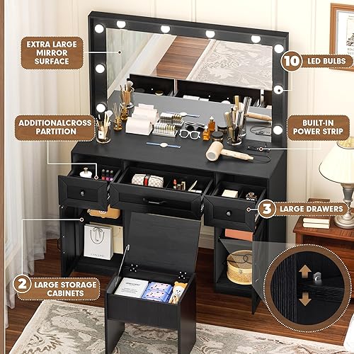 Miniatura 35 de Greenvelly Escritorio de maquillaje blanco con espejo, maquillaje de madera con 3 modos de iluminación, 2 cajones espaciosos y 6 compartimentos de