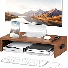 BONTEC Monitor Stand Riser with Cellphone Holder & Cable Management, 16.7 Inch Wood Monitor Riser Stand, Desktop Stand for PC/TV/Laptop/Printer, Walnut