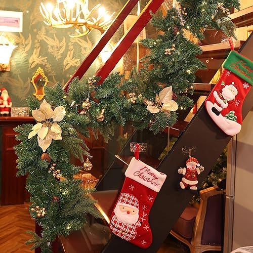 Miniatura 5 de Guirnalda de Navidad de 9 pies, 300 ramas, 60 luces LED, DALLIWOW preiluminadas, guirnaldas de Navidad con luces, bola de flores de pino dorado para