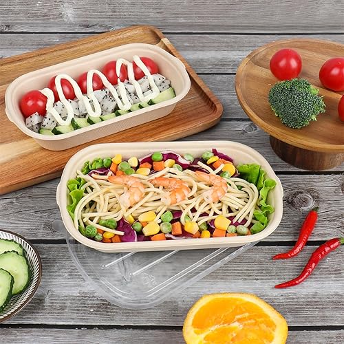 Miniatura 3 de Cuencos de ensalada desechables de 17 onzas con tapas, cuencos de papel de fibra de caña de azúcar, recipientes de comida para llevar, recipientes