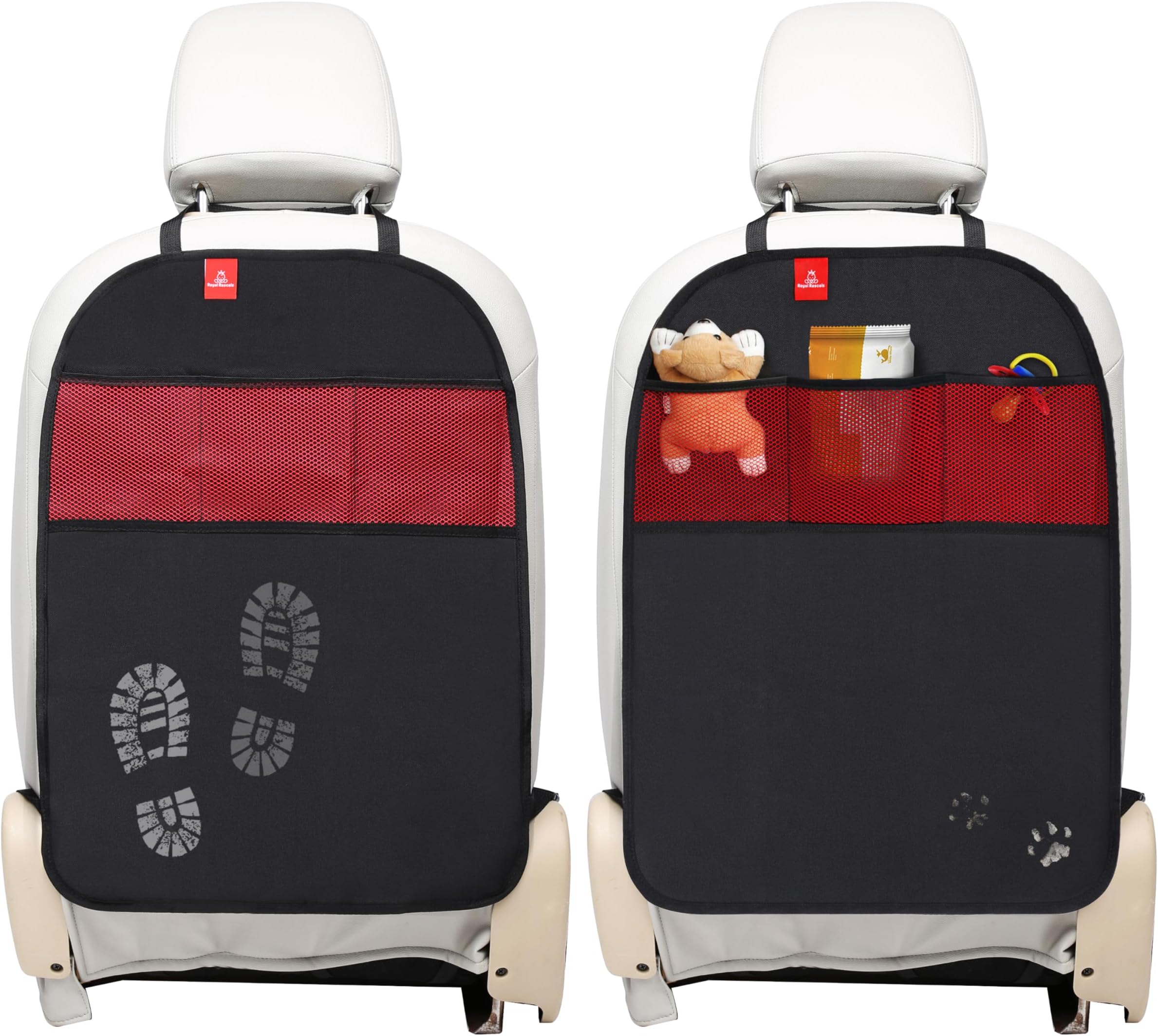 Royal Rascals Car Seat Kick Mats Back Seat Protector (2 Pack) Durable Waterproof Back Seat Organiser for Kids, Car Travel Accessories with Pockets & Storage, Road Trip Essentials, Easy to Install