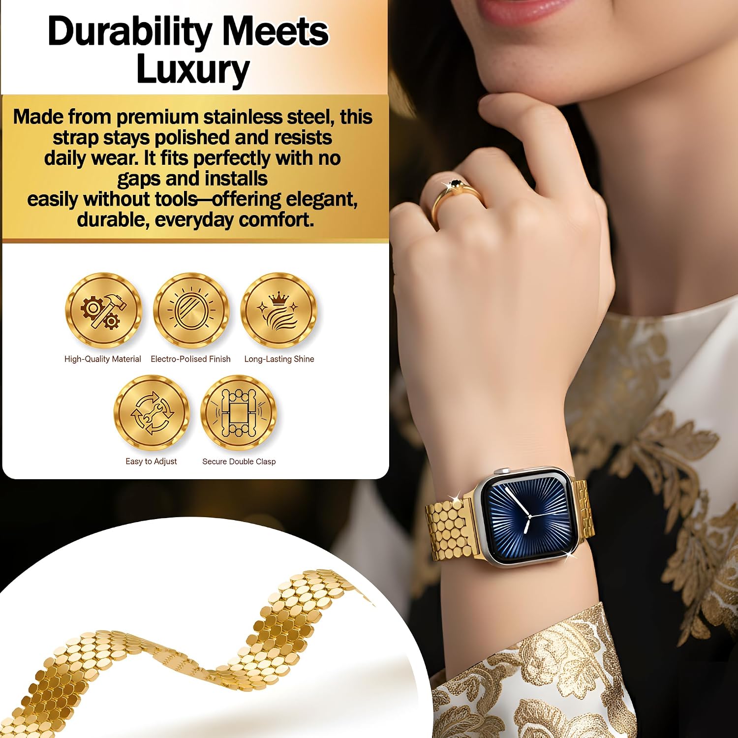 RKINC Strap compatible with Apple Watch 38mm, 40mm, 41mm, 42mm (Series 11, 10, 3, 2 1) or 44mm, 45mm, 46mm, 49mm, and 42mm, Glossy Stainless Steel Metal Strap with Stones for iWatch Series 11 10 9 8 7 6 SE 5 4 3 2 Ultra 3 2 1