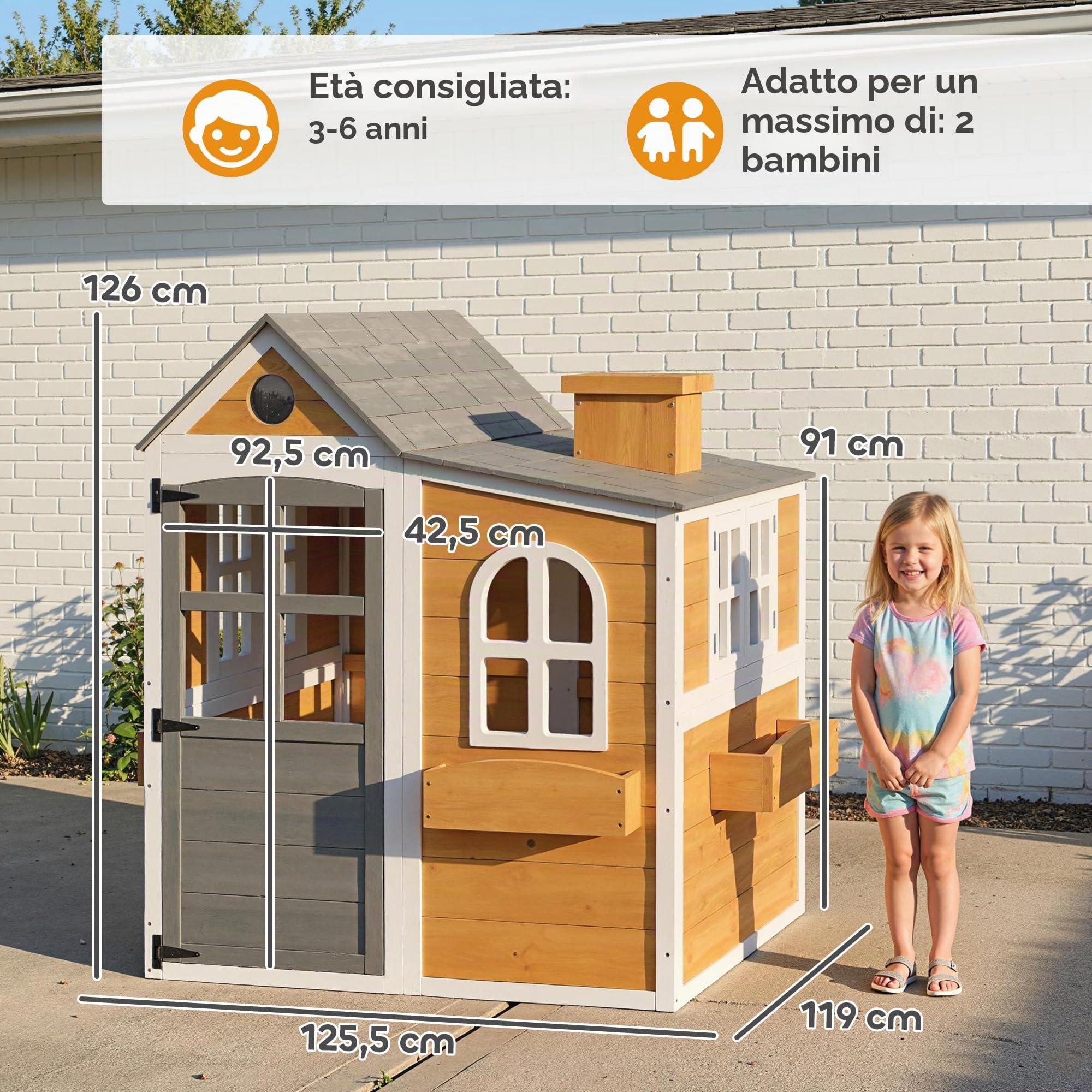AIYAPLAY Casetta per bambini in legno per esterno, casa per bambini per esterno/interno con porta, finestre, 3 fioriere, resistente agli agenti atmosferici, casetta da gioco per 3-6 anni