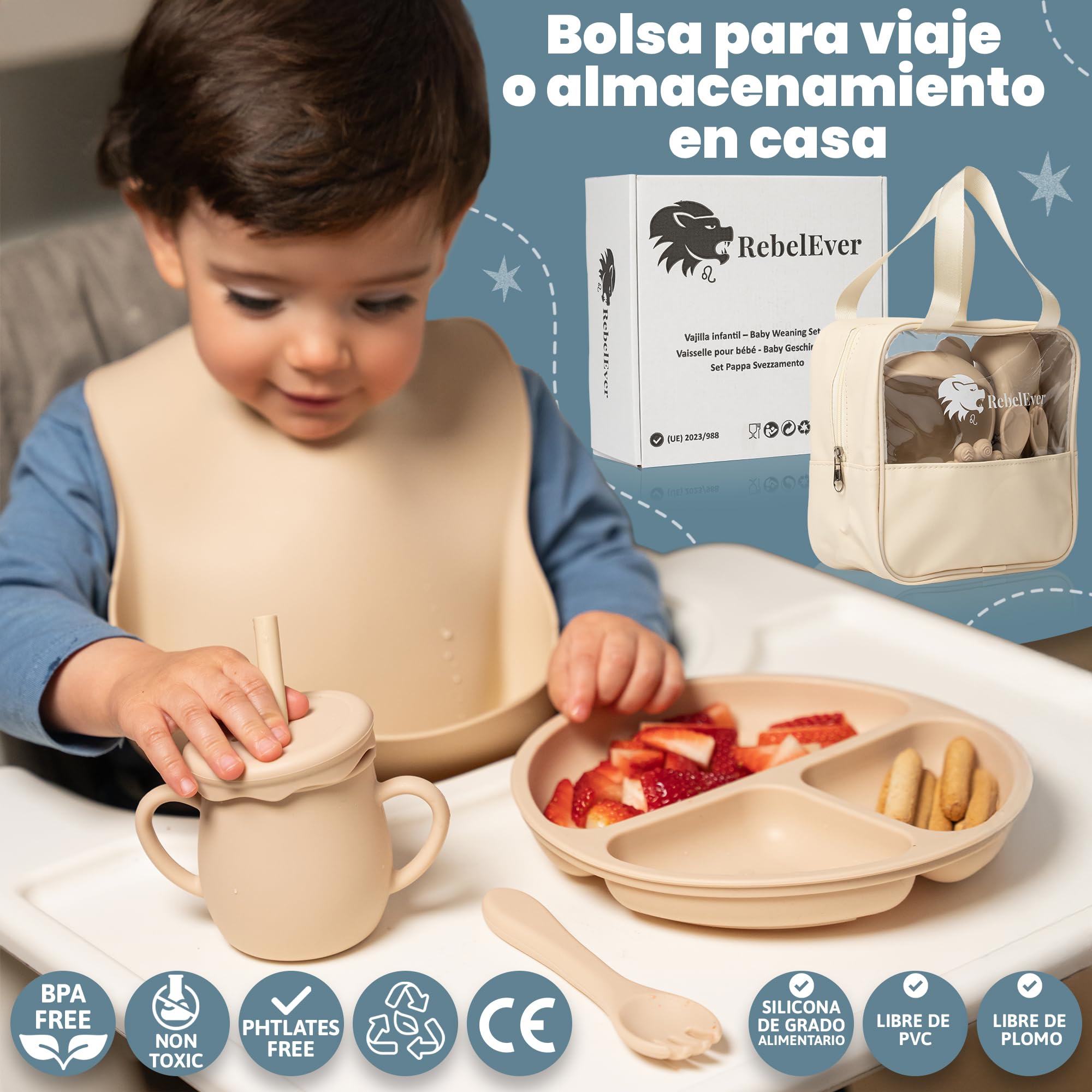 Vajilla Bebe Silicona que incluye Plato Bebe Ventosa, Cubiertos Bebe y Bolsa para Viaje o Almacenaje - Chupete Fruta Bebe - Cuchara Bebe Aprendizaje con botella de Almacenamiento - Perfecto Regalo