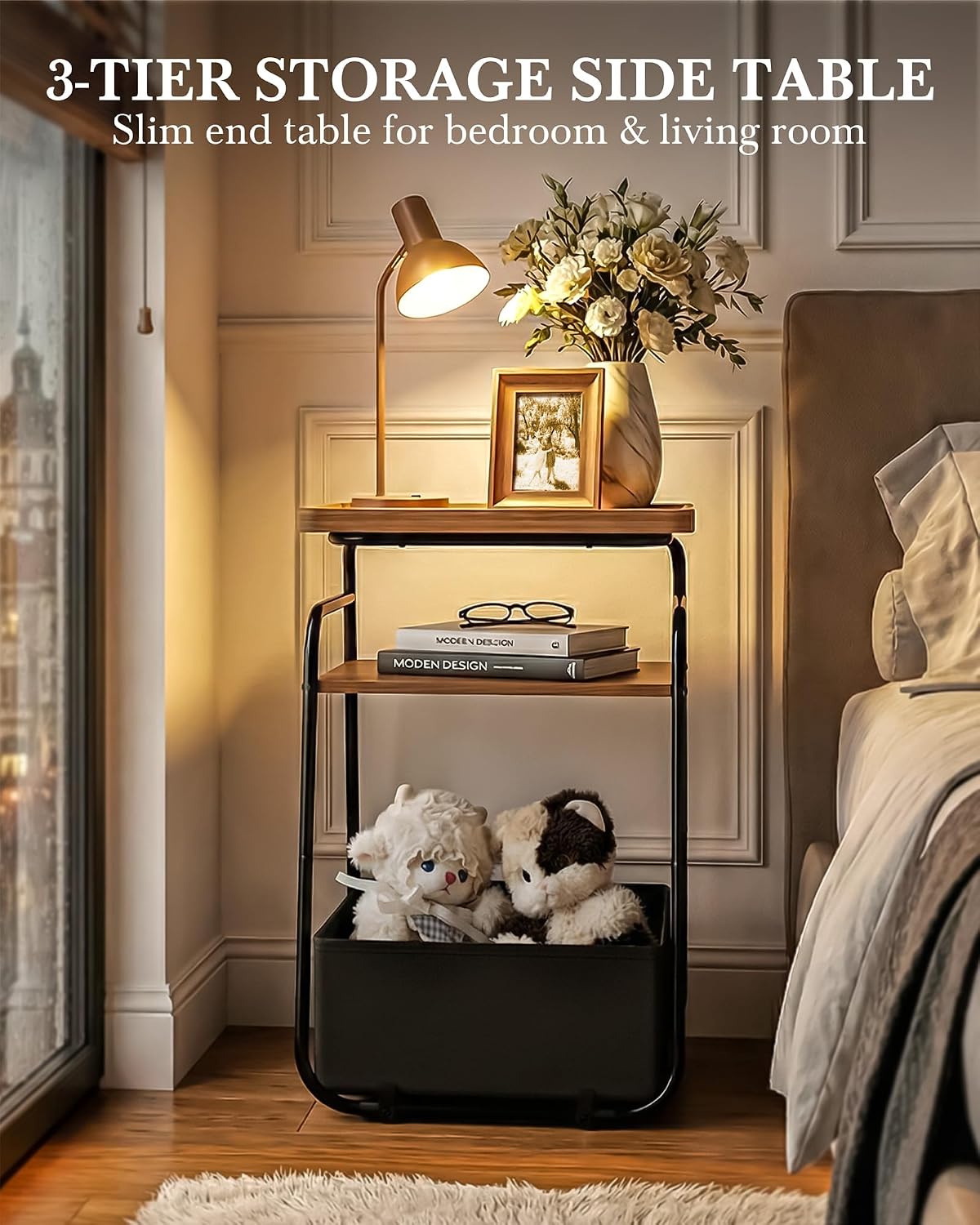 Faesun Small Side Table with Fabric Drawer, 3 Tier End Table