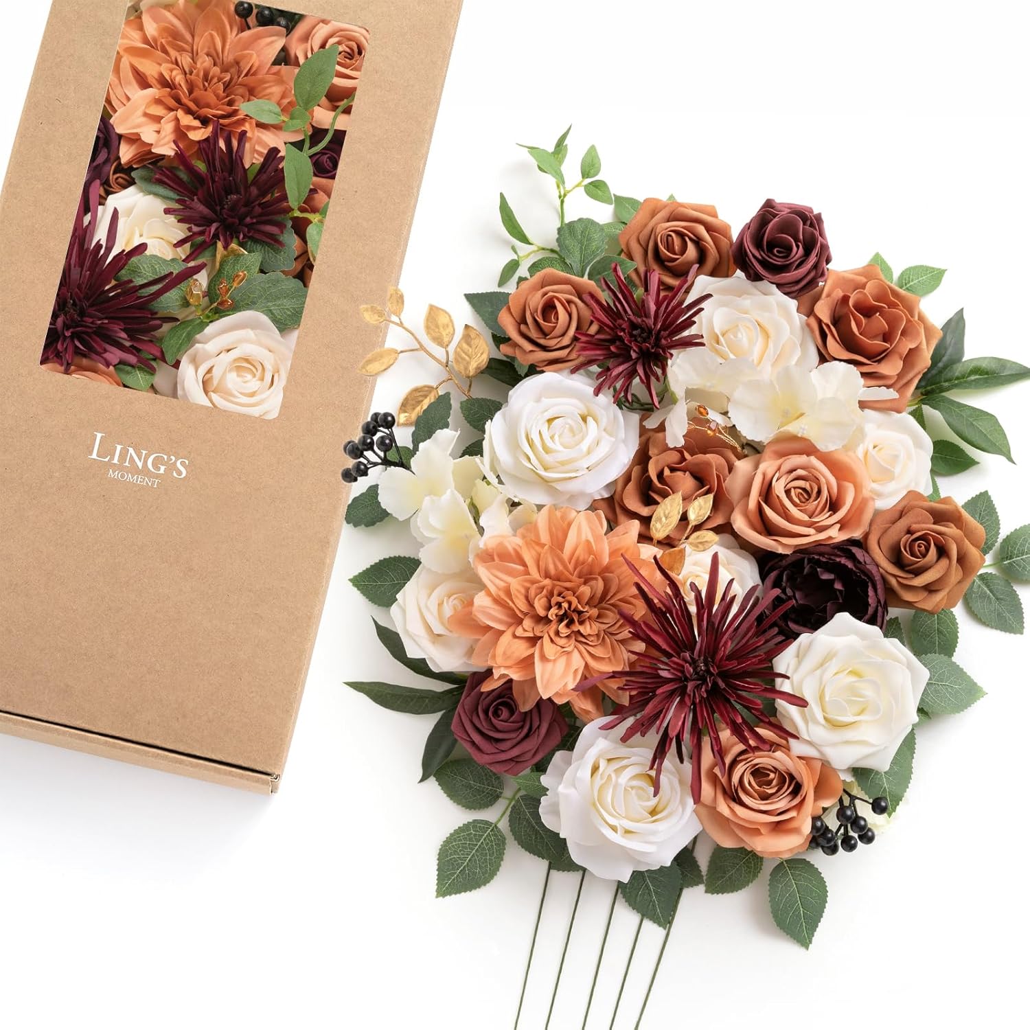 Ling's moment Fake Flowers Box, Faux Artificial Greenery Stems Foam Roses Berry Silk Dahlia Hydrangea Fabic Flower for Centerpieces Bouquet Wedding Floral Vase, Terracotta & Burgundy, Deluxe Combo
