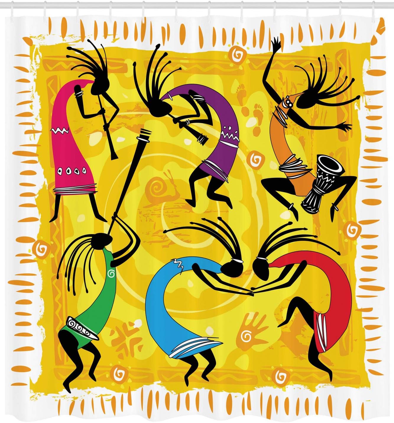 Lunarable Ethnic Shower Curtain, Dancing and Playing Ethno Music Instruments on Tribal Pattern Artwork, Cloth Fabric Bathroom Decor Set with Hooks, 69" W x 84" L, Purple Yellow and Black