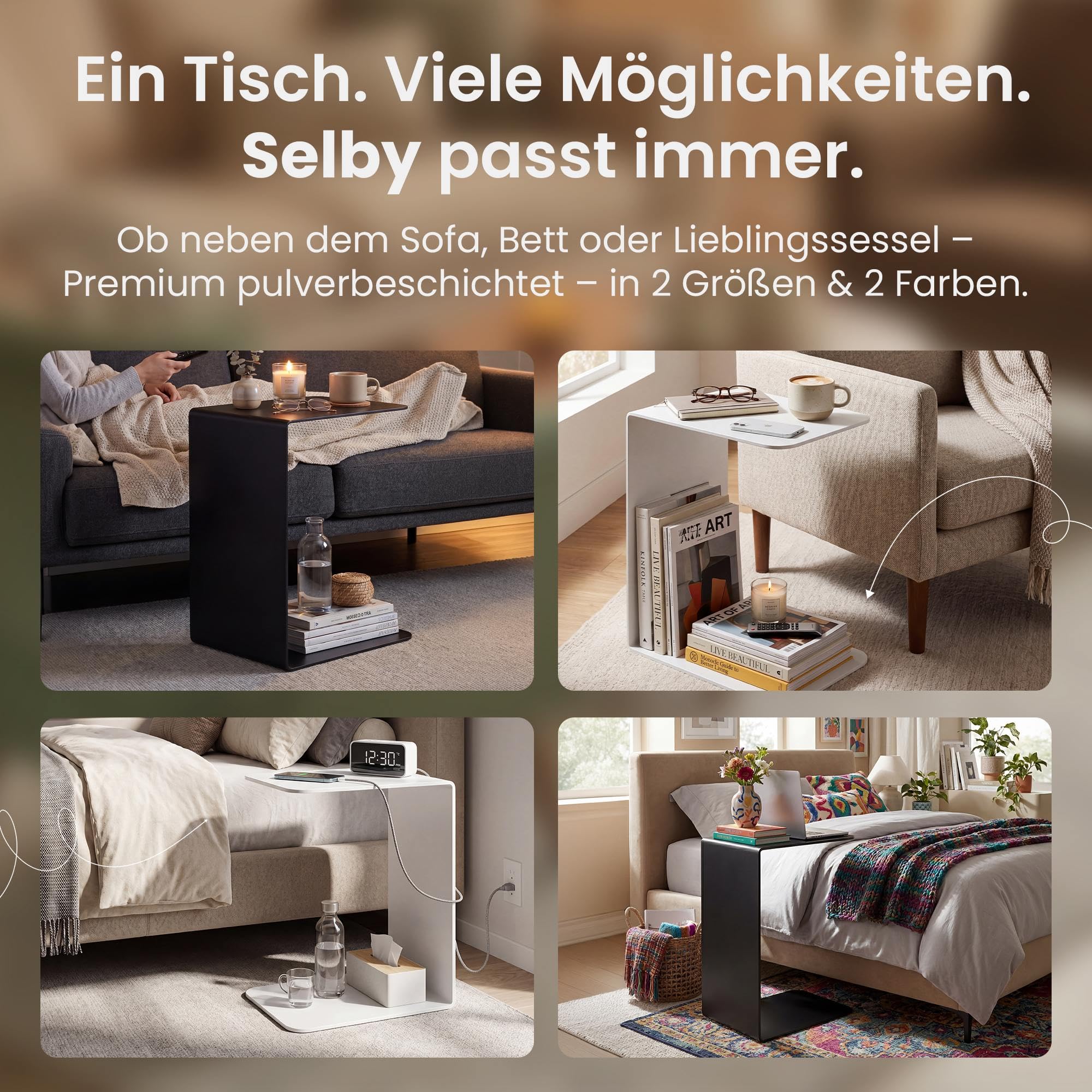 CLP Beistelltisch Couch klein Selby, Couchtisch C-Form Metall, Wohnzimmertisch modern aus massivem 5mm Stahl pulverbeschichtet, Farbe:weiß, Größe:48 cm