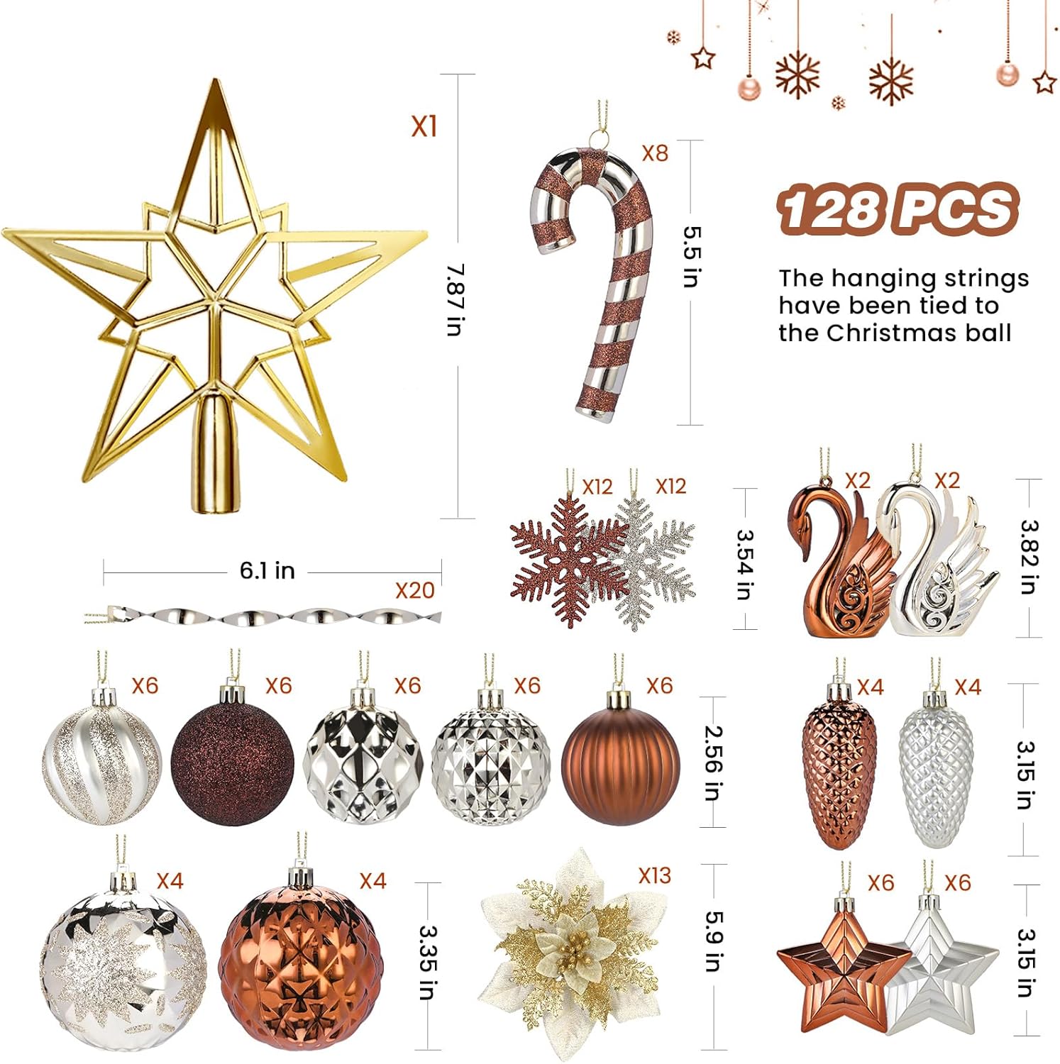 Alupssuc 128pcs Christmas Balls Ornaments Set, Shatterproof Plastic Baubles Christmas Flowers for Xmas Tree Holiday Wedding Party Decorations with Hanging Strings, Champagne Gold and Brown