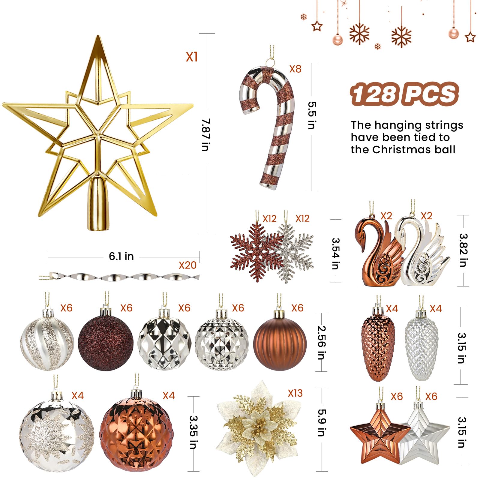 Alupssuc 128 Teiliges Weihnachtskugel-Ornament-Set, Bruchsichere Christbaumschmuckkugeln, Weihnachtsblumen, Bänder, Baumspitze für Weihnachtsbaum, Feiertage, Hochzeitsfeiern mit Haken, Braun & Gold