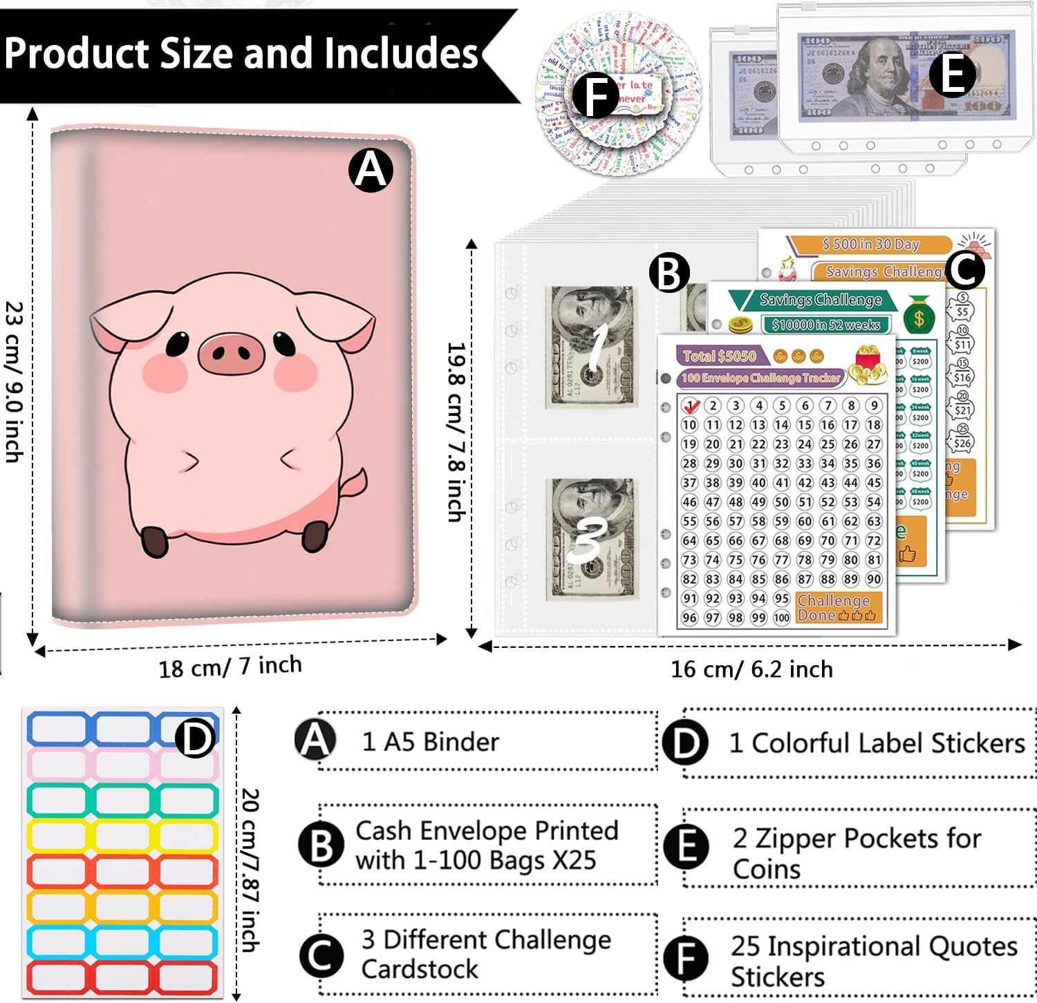 Money Saving Binder, 100 Envelopes Money Saving Challenge, Cash Envelopes Budget Binder & 3 Budgeting Planner Trackers, PU Leathers A5 Money Saving Planner Book，Cute Pink Pig