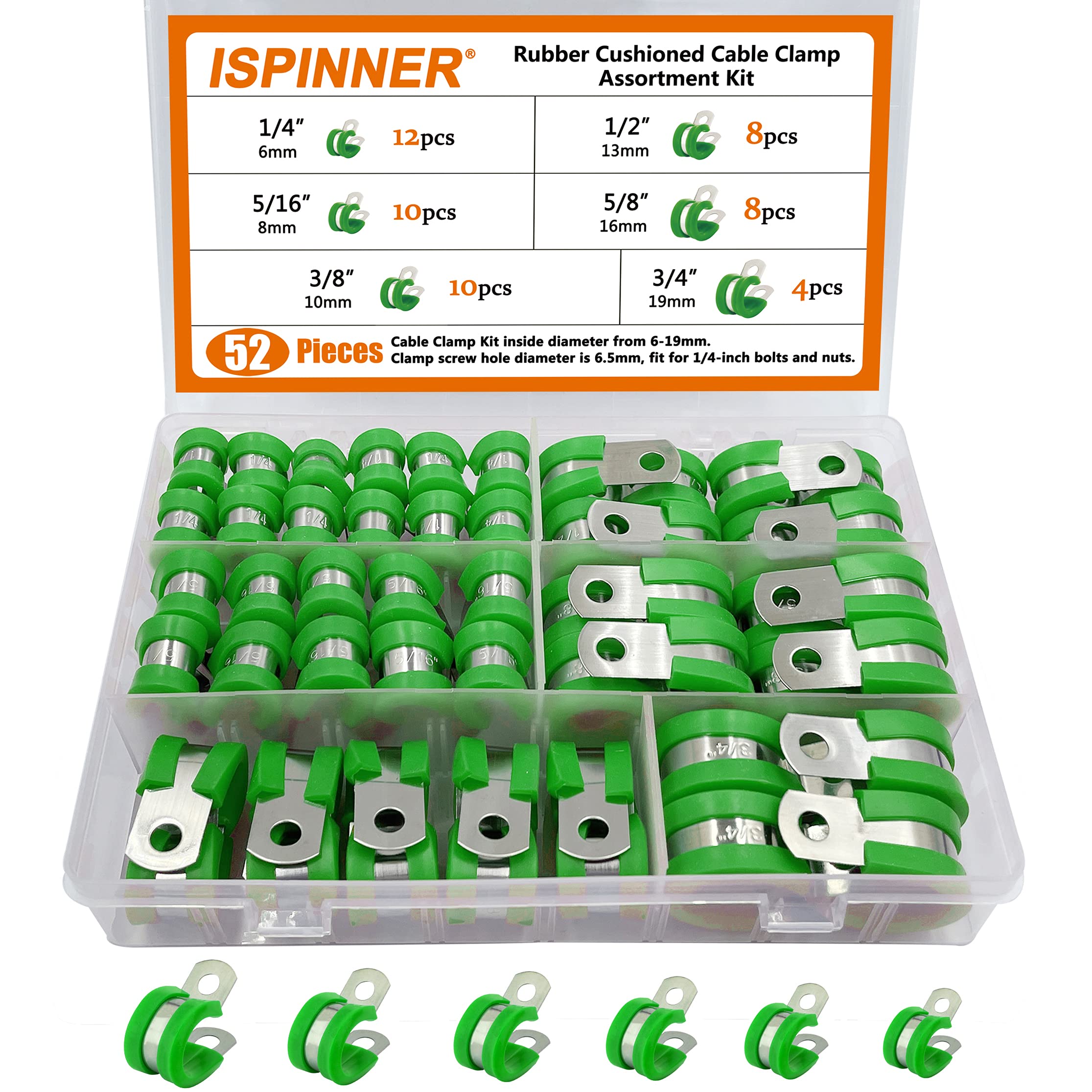 ISPINNER52pcs Cable Clamps Assortment Kit, 304 Stainless Steel Rubber Cushion Pipe Clamps in 6 Sizes 1/4" 5/16" 3/8" 1/2" 5/8" 3/4" (Green)