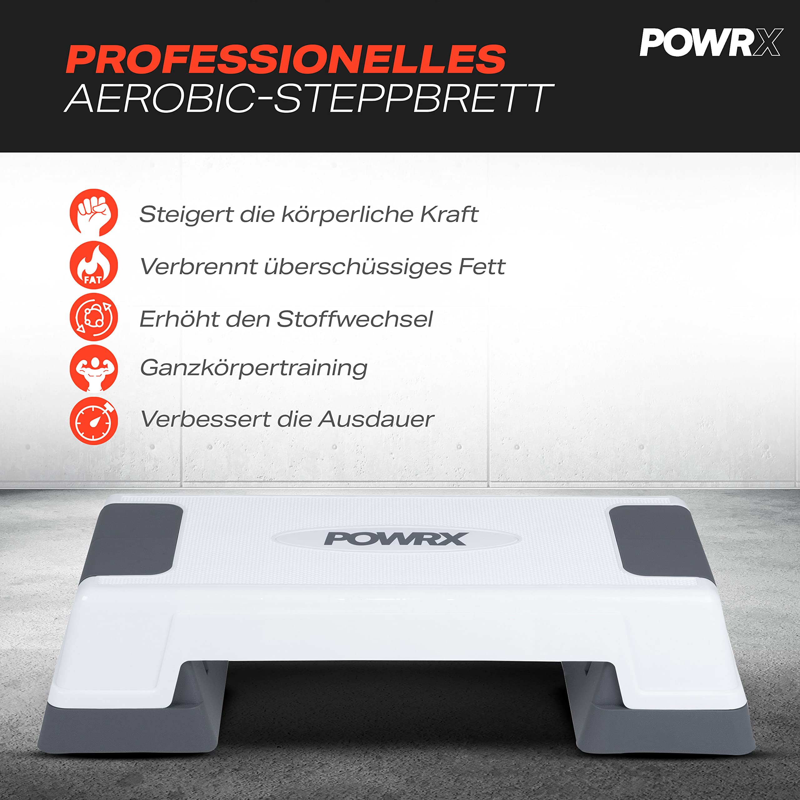 POWRX Aerobic Steppbrett 12/17/24cm (3 Stufen) Weiß I Stepper höhenverstellbar und rutschfest für Aerobic, Gymnastik und Fitness I Home Step Stepbench