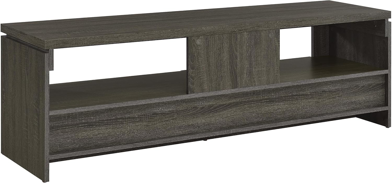 BOWERY HILL Farmhouse Wood TV Stand, Weathered Gray Finish, 59 in Wide, Engineered Wood with Veneer, 2 Storage Drawers and Shelf, Silver Hardware, Living Room Media Console for TVs up to 65 in
