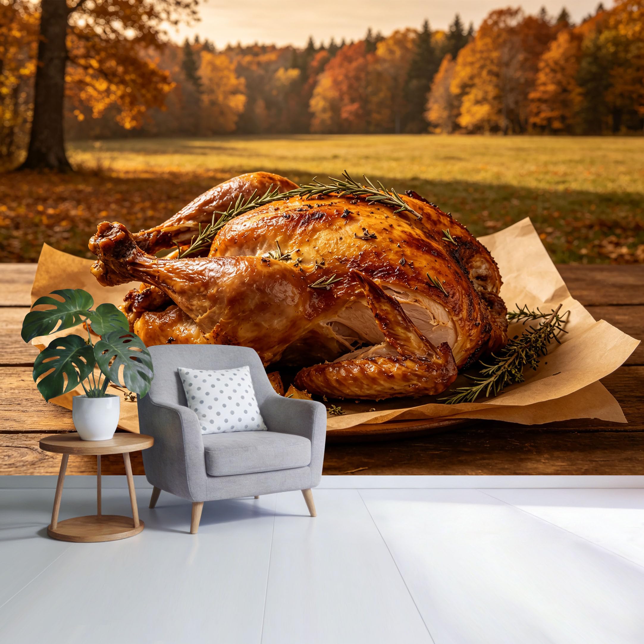 Custom Size Wall Mural Autumn Forest Landscape Roast Turkey Rustic Table Farmhouse Style SelfAdhesive Wall Fabric Removable Wallpaper for Home Office Decor