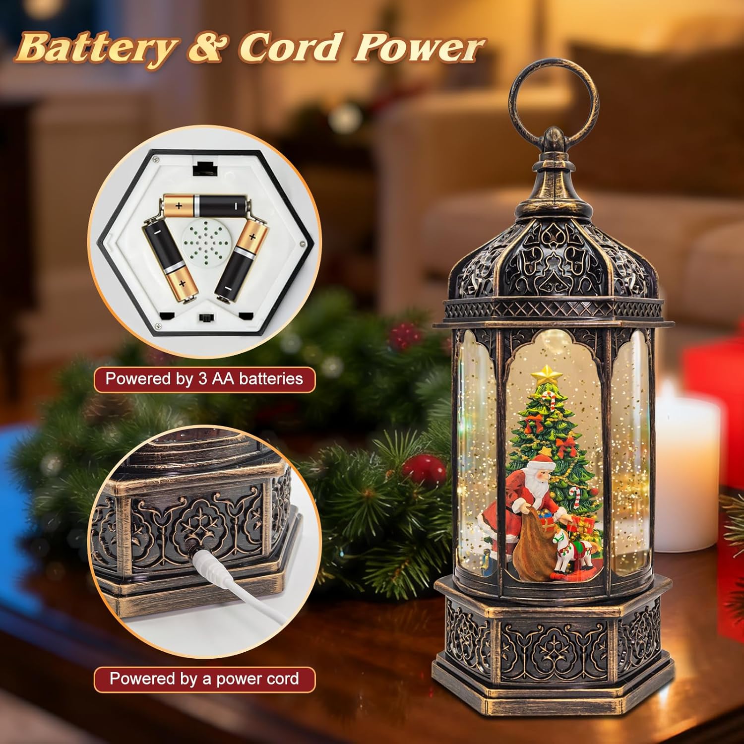 Large Musical Santa Christmas Tree Snow Globe - Lighted Christmas Snow Globes with Swirling Glitter, LED Lights, 8 Holiday Songs, 6-Hour Timer, USB or Battery Powered, Xmas Holiday Decoration Gift