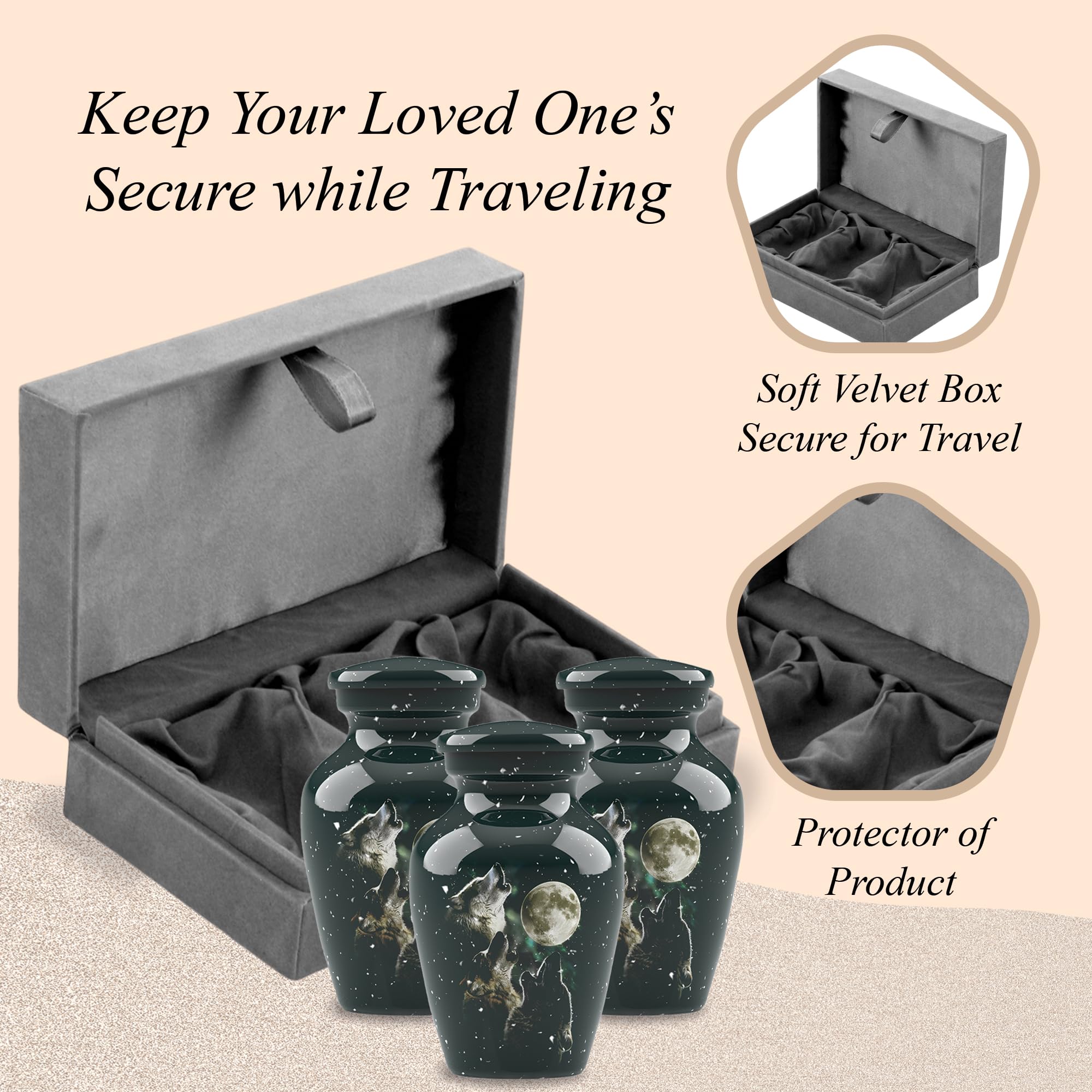 Forever Urnas de cremación para cenizas, urna clásica de cremación de 3 lobos para cenizas humanas, completamente hecha a mano con caja de protección de terciopelo (juego de 3 recuerdos)