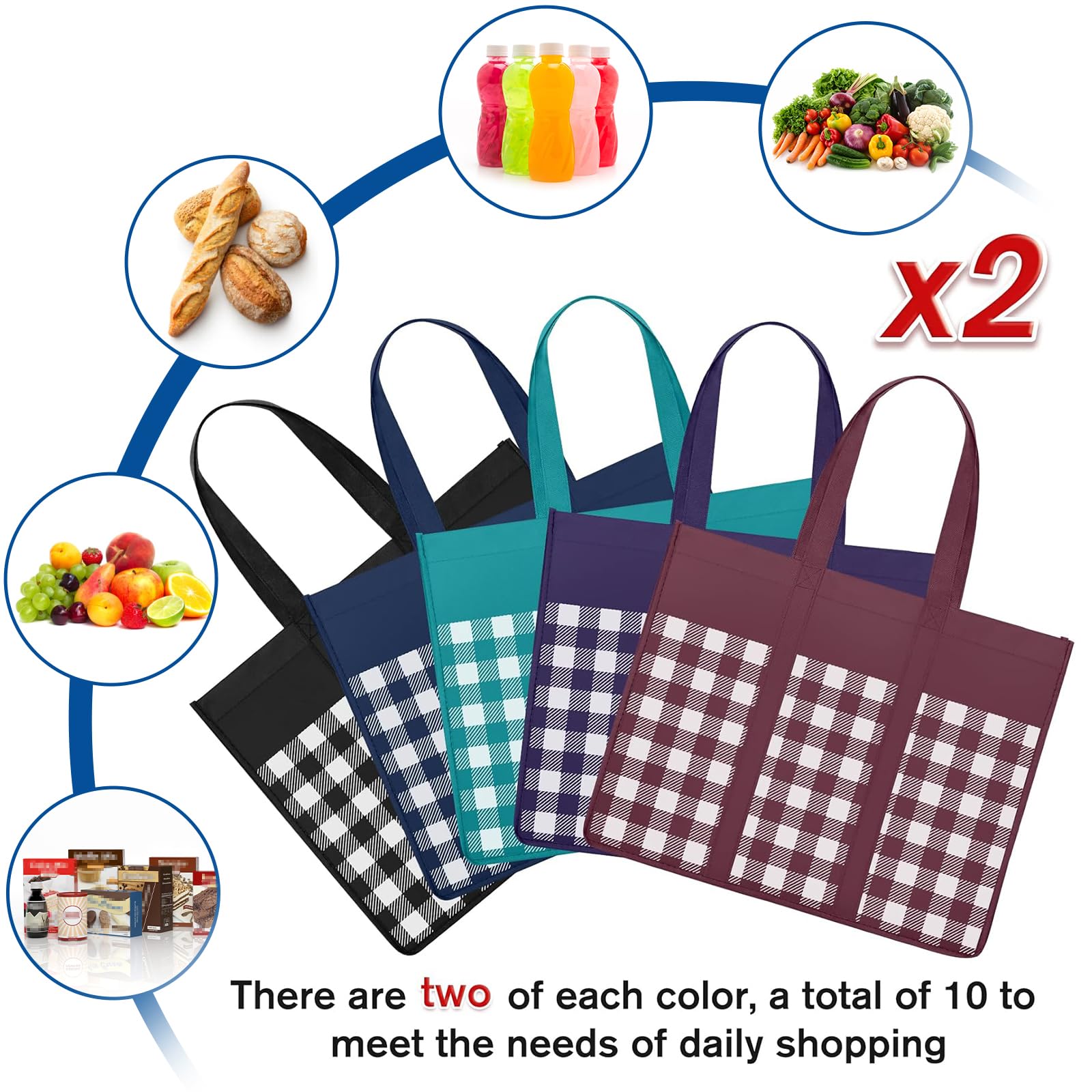 WISELIFE Bolsas de compras reutilizables para comestibles, paquete de 12 bolsas grandes plegables a granel, bolsas de productos ecológicos con mango largo para compras y ropa (cuadros C)